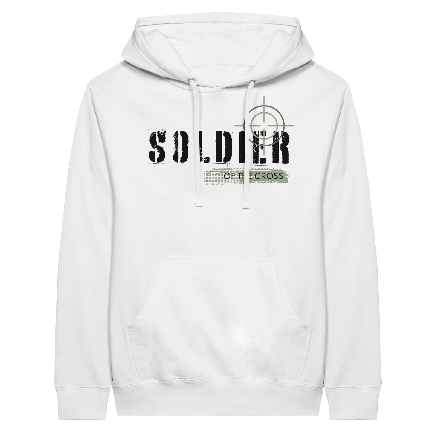 White Christian Hoodie with "Soldier of the Cross" design print in front. Unisex, with large front pouch pocket