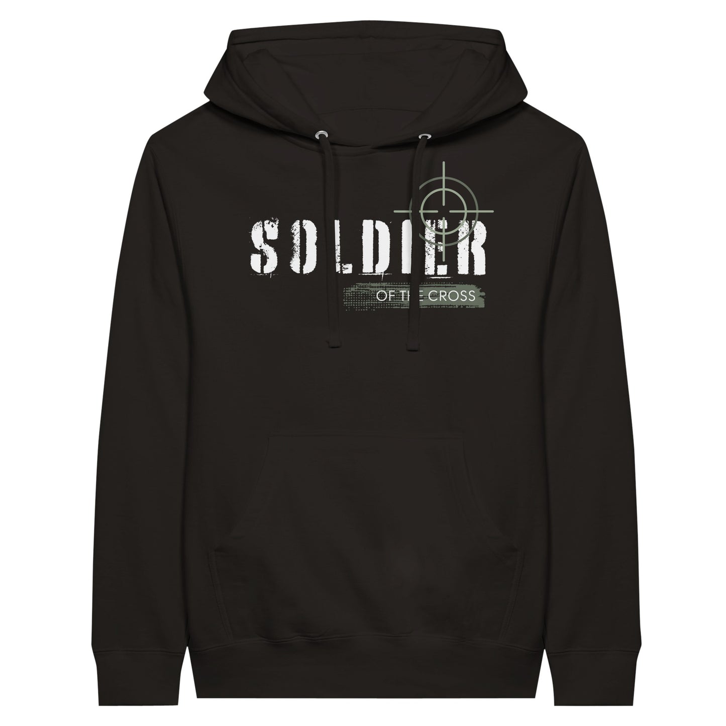Black Christian Hoodie with "Soldier of the Cross" design print in front. Unisex, with large front pouch pocket