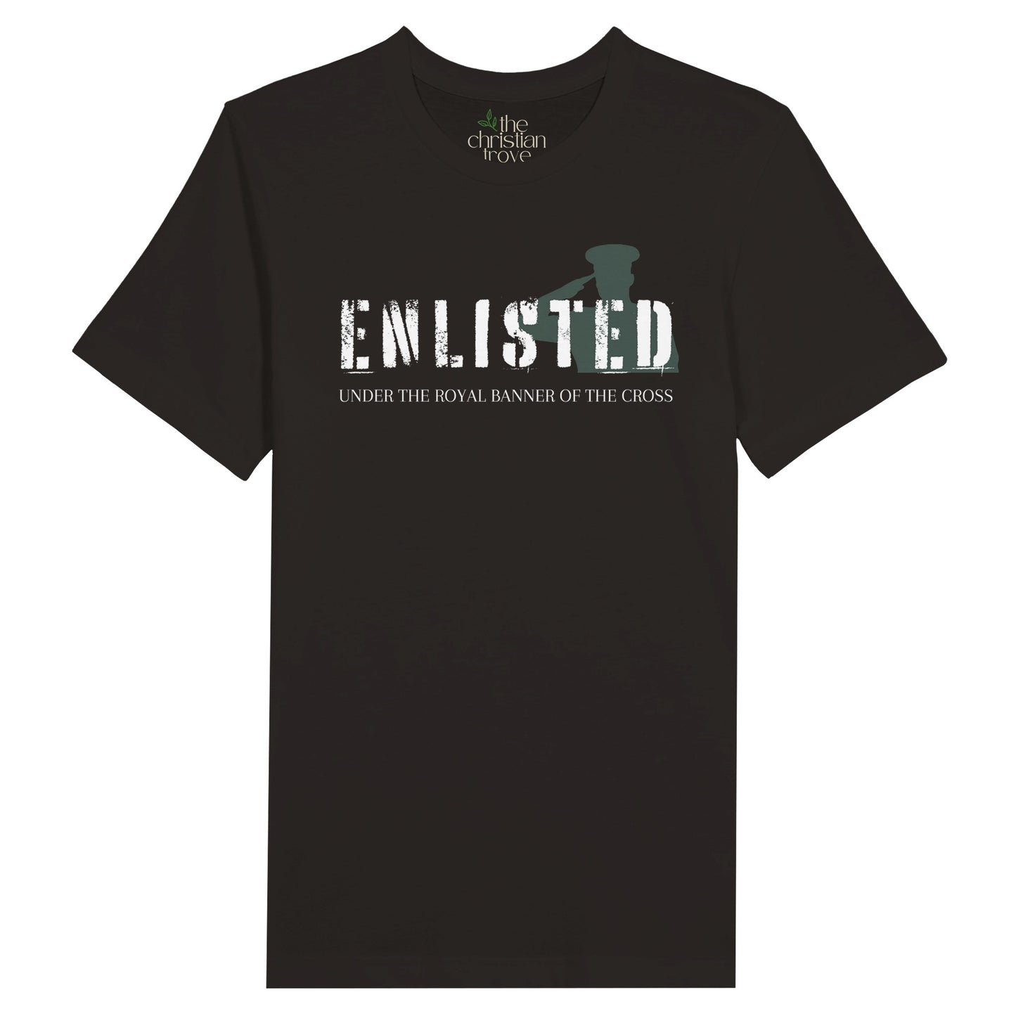 Black Christian T-Shirt with "Enlisted: Under the Royal Banner of the Cross" print design. Crew neck, short-sleeved, classic fit, soft fabric.