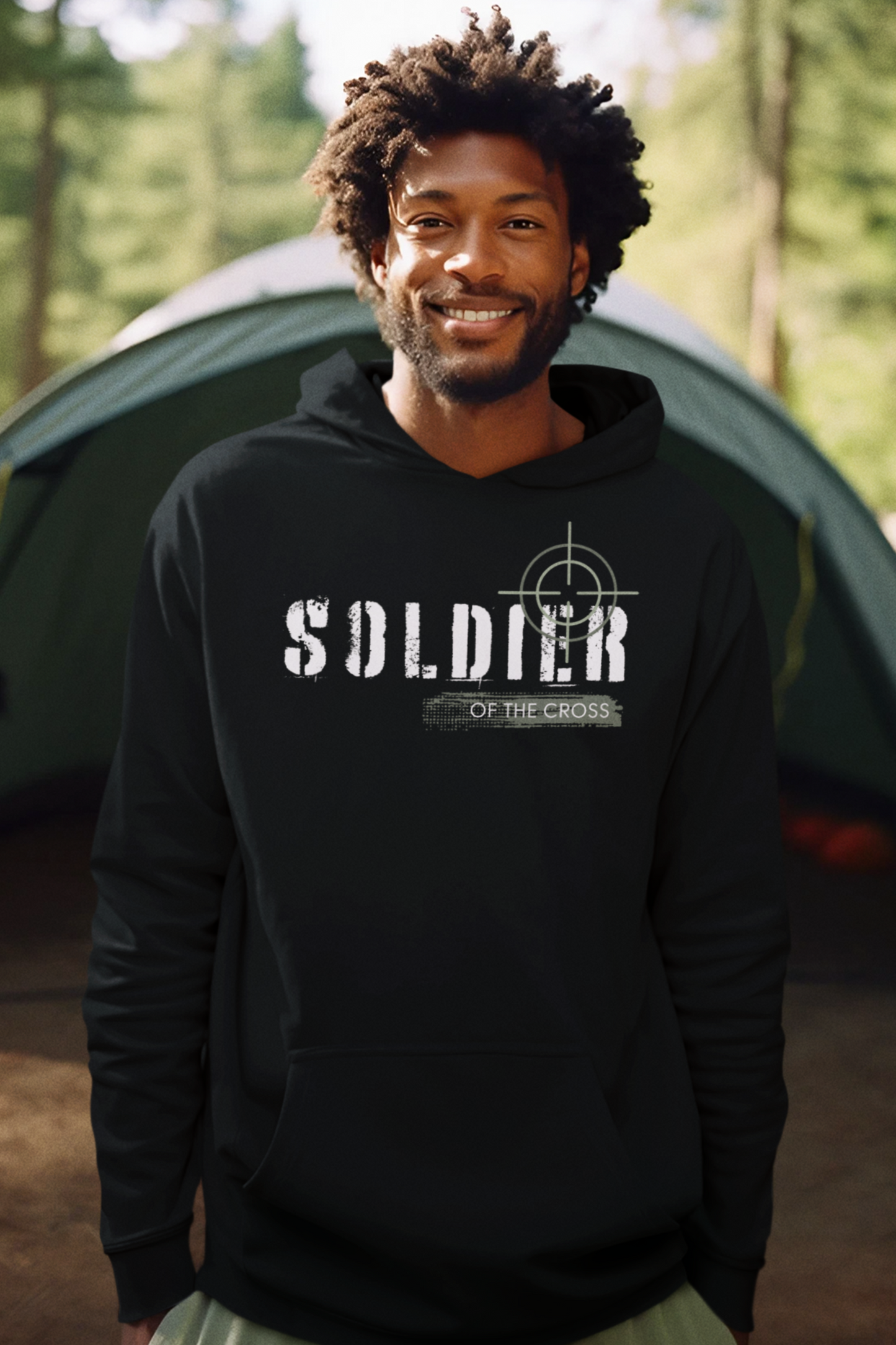 Black Christian Hoodie with "Soldier of the Cross" design print in front. Unisex, with large front pouch pocket