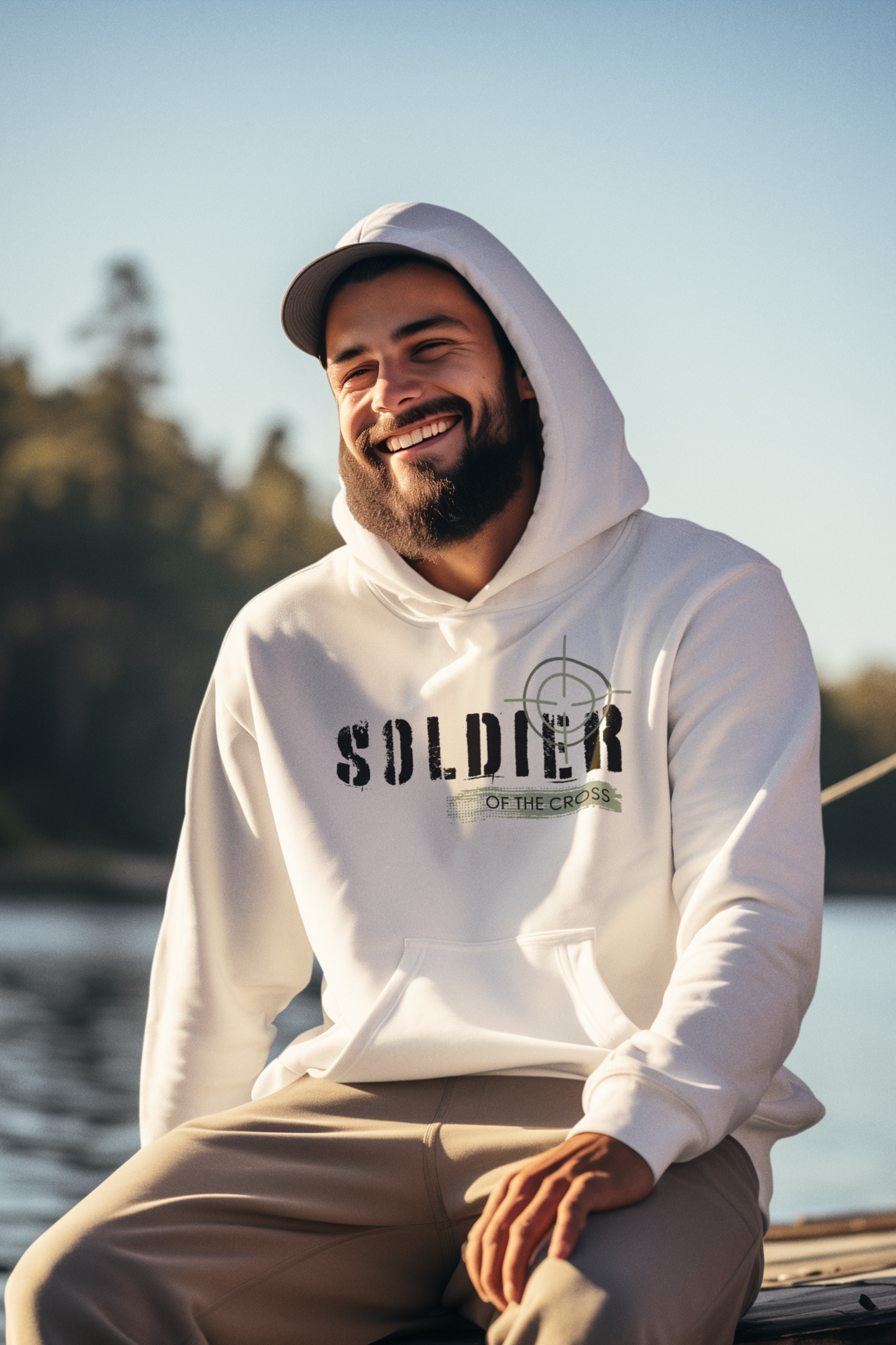 White Christian Hoodie with "Soldier of the Cross" design print in front. Unisex, with large front pouch pocket