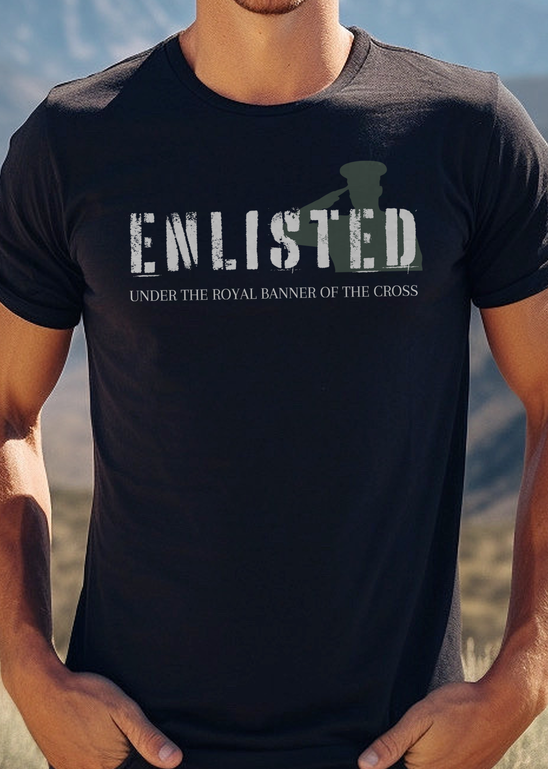 Black Christian T-Shirt with "Enlisted: Under the Royal Banner of the Cross" print design. Crew neck, short-sleeved, classic fit, soft fabric.