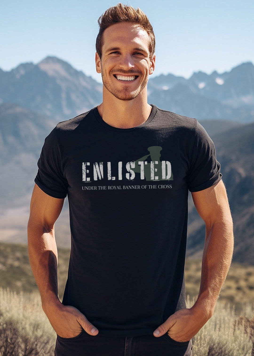 Black Christian T-Shirt with "Enlisted: Under the Royal Banner of the Cross" print design. Crew neck, short-sleeved, classic fit, soft fabric.