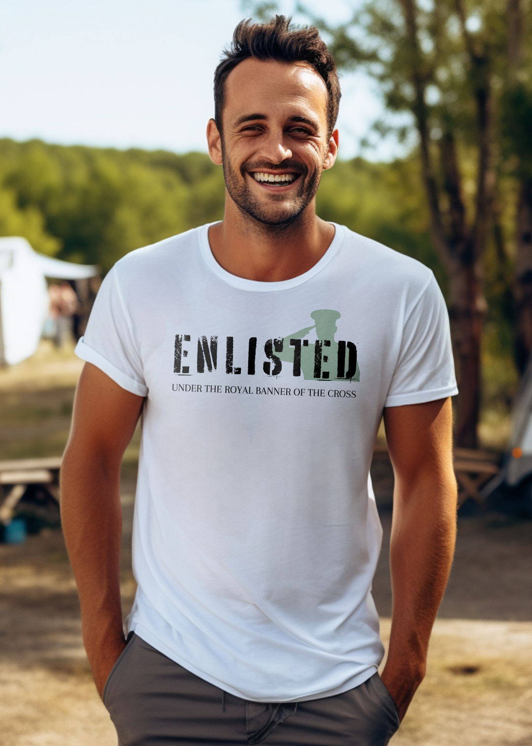 White Christian T-Shirt with "Enlisted: Under the Royal Banner of the Cross" print design. Crew neck, short-sleeved, classic fit, soft fabric.