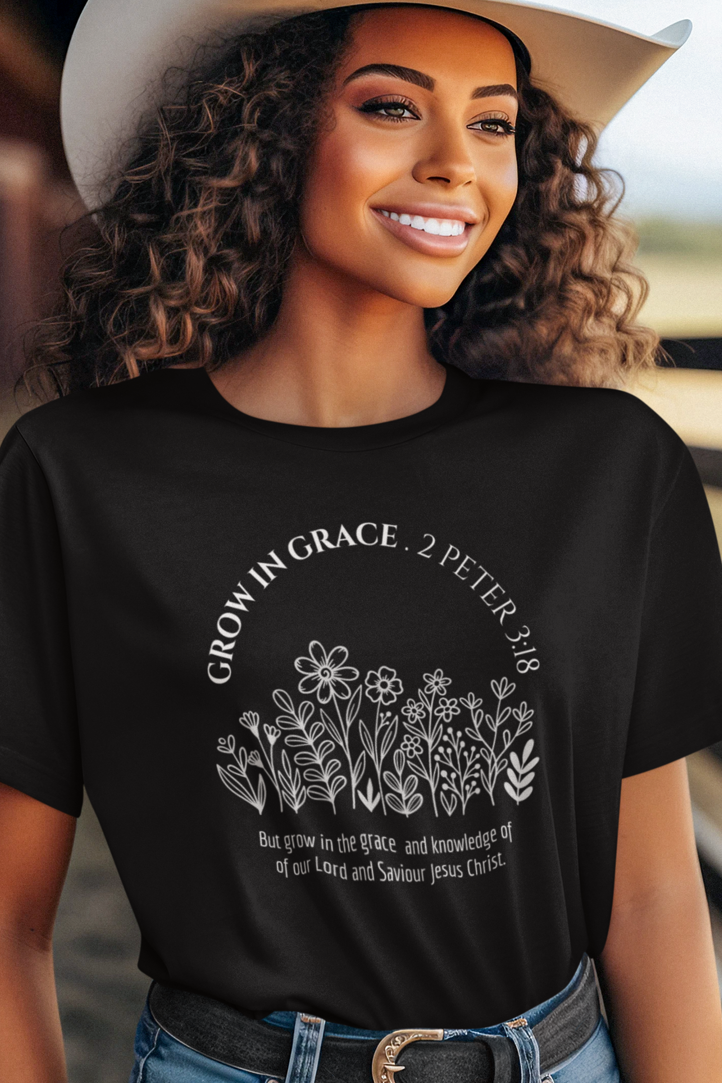Black Christian T-shirt with "Grow In Grace" print design