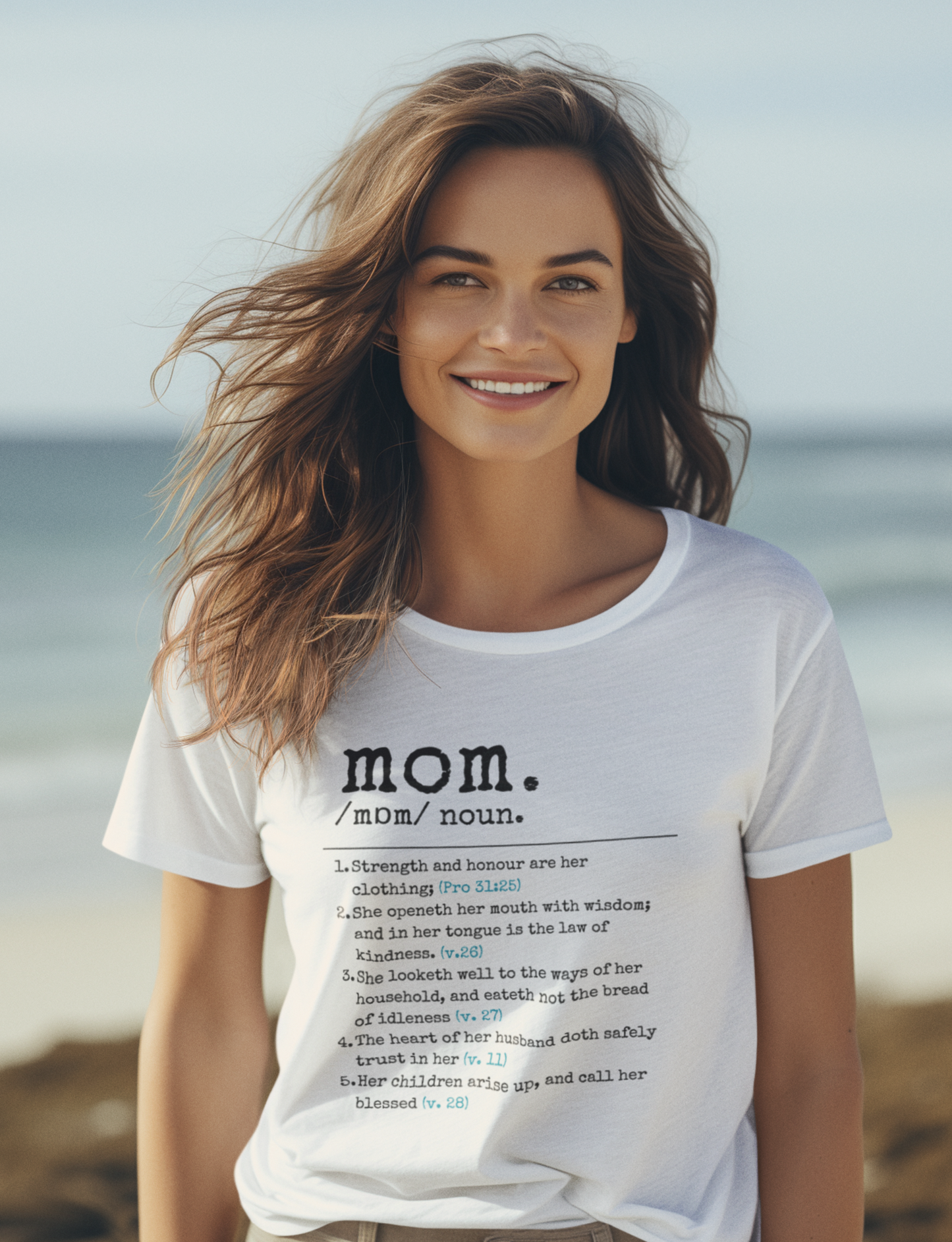 Christian Mother's Day White Tshirt with Proverbs 31 definition of mom print design. Crew neck, short-sleeved, classic retail fit.