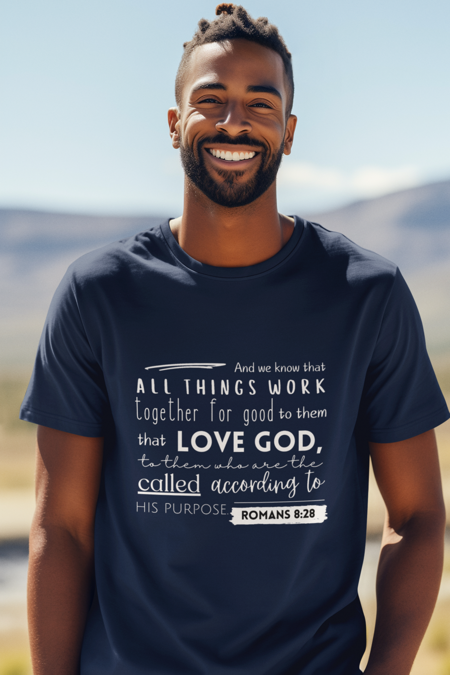 Navy Blue Christian T-Shirt with Romans 8:28 design. Crew neck, short-sleeved, classic fit