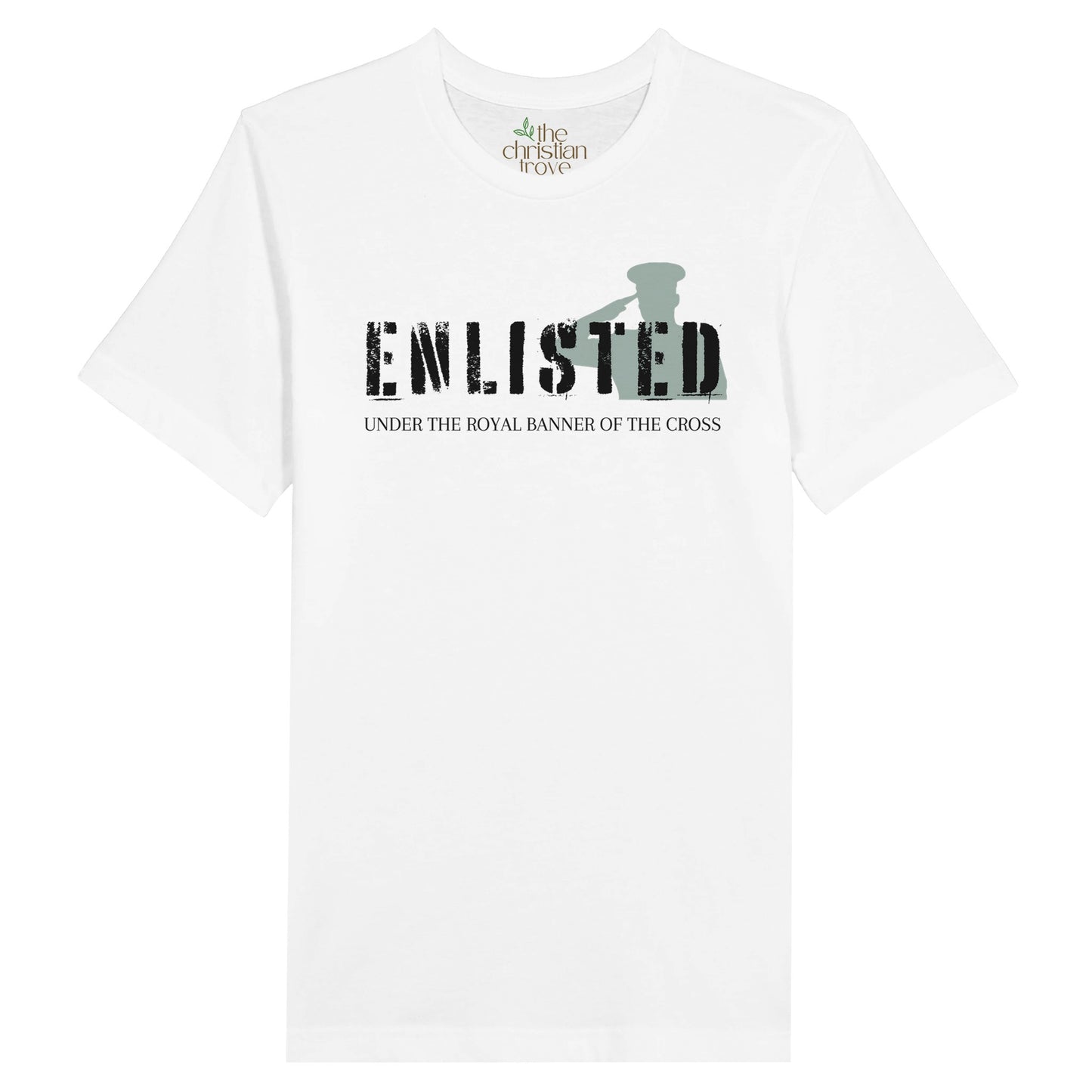 White Christian T-Shirt with "Enlisted: Under the Royal Banner of the Cross" print design. Crew neck, short-sleeved, classic fit, soft fabric.