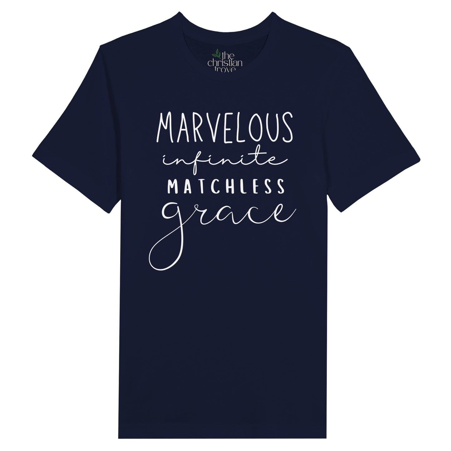 Navy Christian T-Shirt with "Marvelous, Infinite, Matchless Grace" print design. Crew neck, short-sleeved, classic fit, soft fabric.