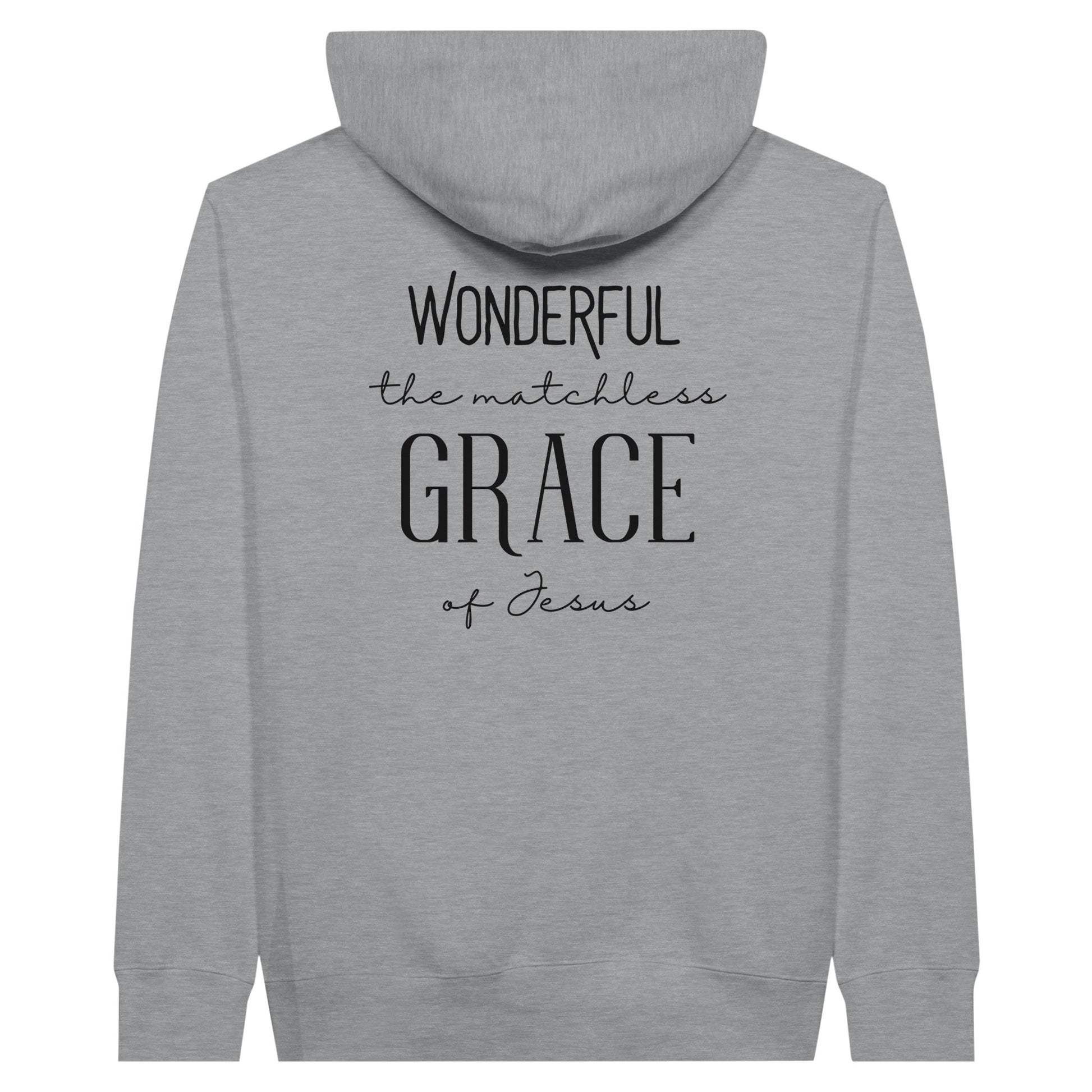 Gray Christian pullover hoodie with "Wonderful the Matchless Grace of Jesus" print design at the back. With large front pouch pocket.