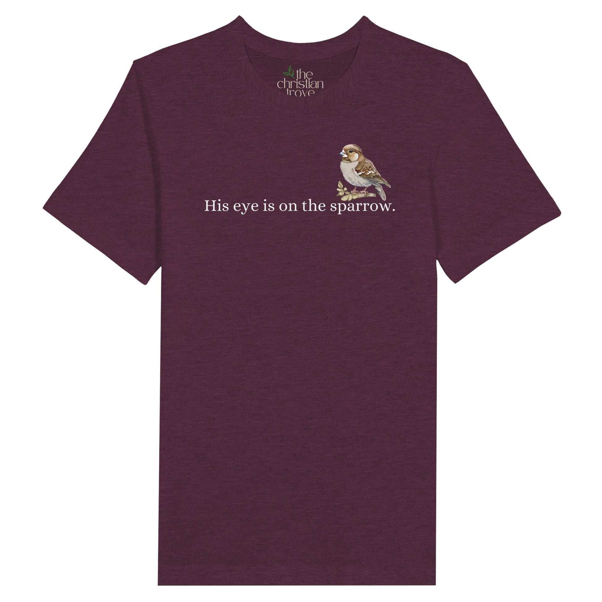 Maroon Heather Christian T-Shirt with "His Eye is on the Sparrow" print design. Crew neck, short-sleeved, classic fit, soft fabric