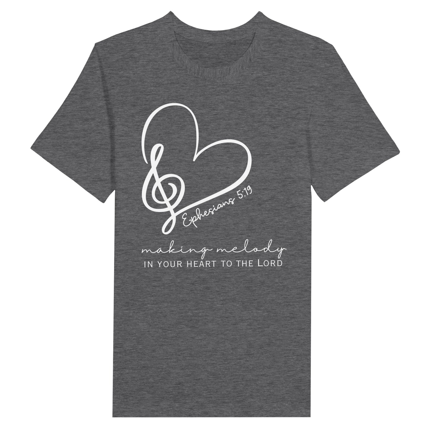 Ladies Christian T-Shirt with "Making melody in your heart to the Lord" print design. Dark Heather color, Crew neck, short-sleeved, classic retail fit.