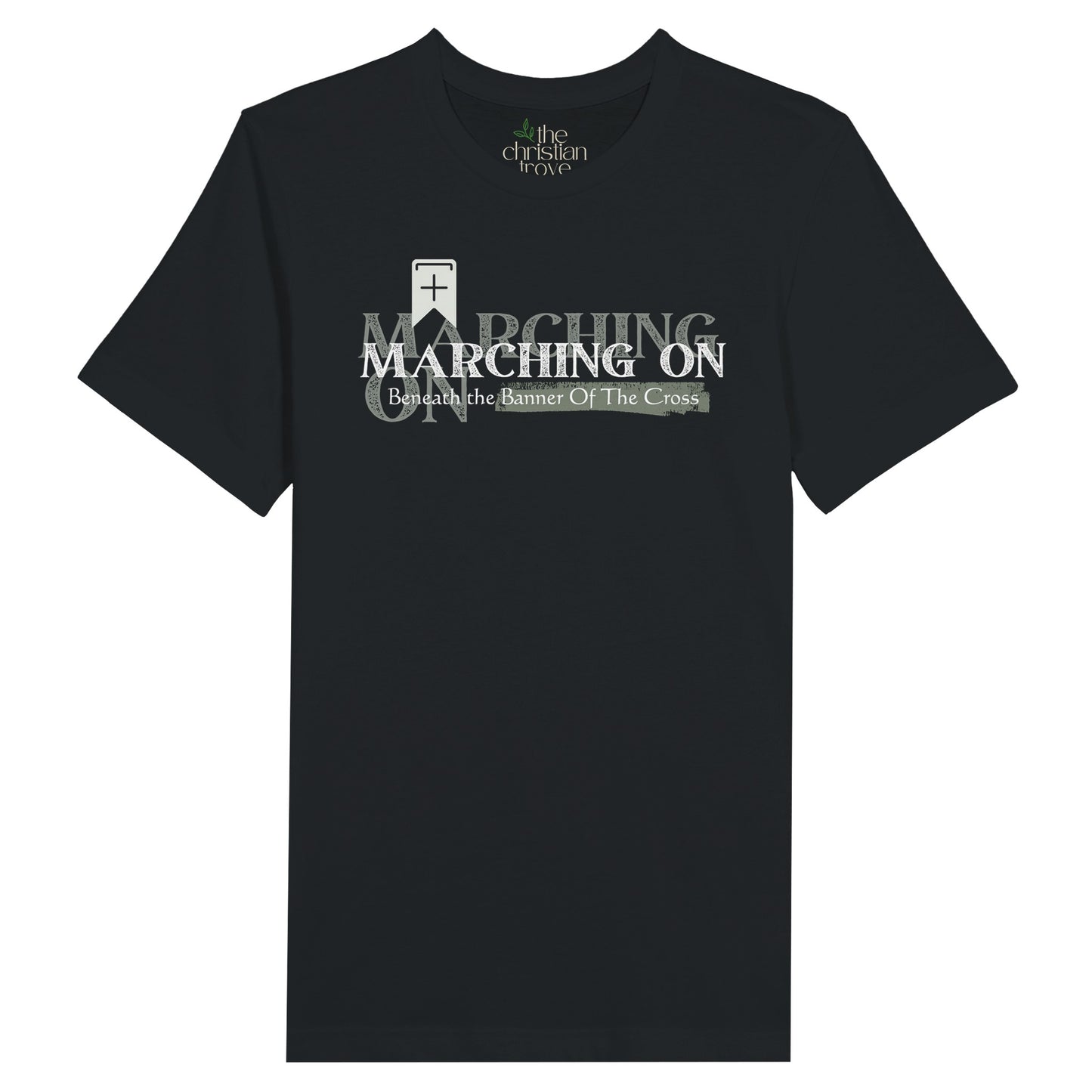 Black Christian T-Shirt with "Marching On: Beneath the Banner of the Cross" print design. Crew neck, short-sleeved, classic fit, soft fabric