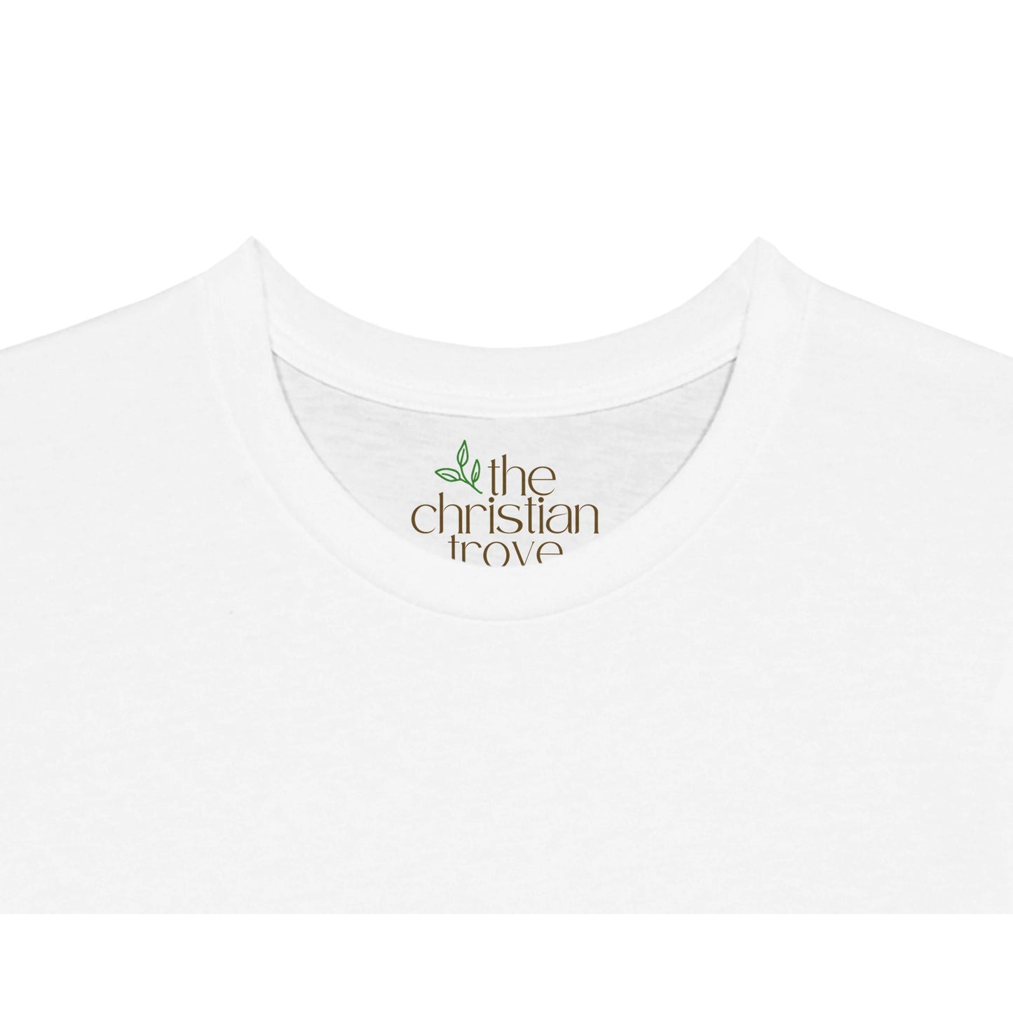 White Christian T-Shirt with "All Sufficient Grace For Even Me" print design. Crew neck, short-sleeved, classic fit, soft fabric. The Christian Trove Logo