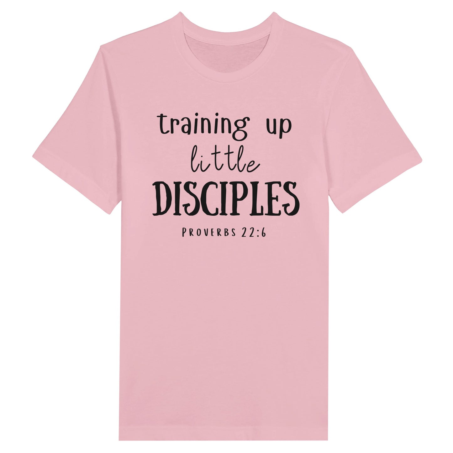 Pink Mother's Day Christian T-Shirt with "Training Up Little Disciples" print design. Crew neck, short-sleeved, classic retail fit.