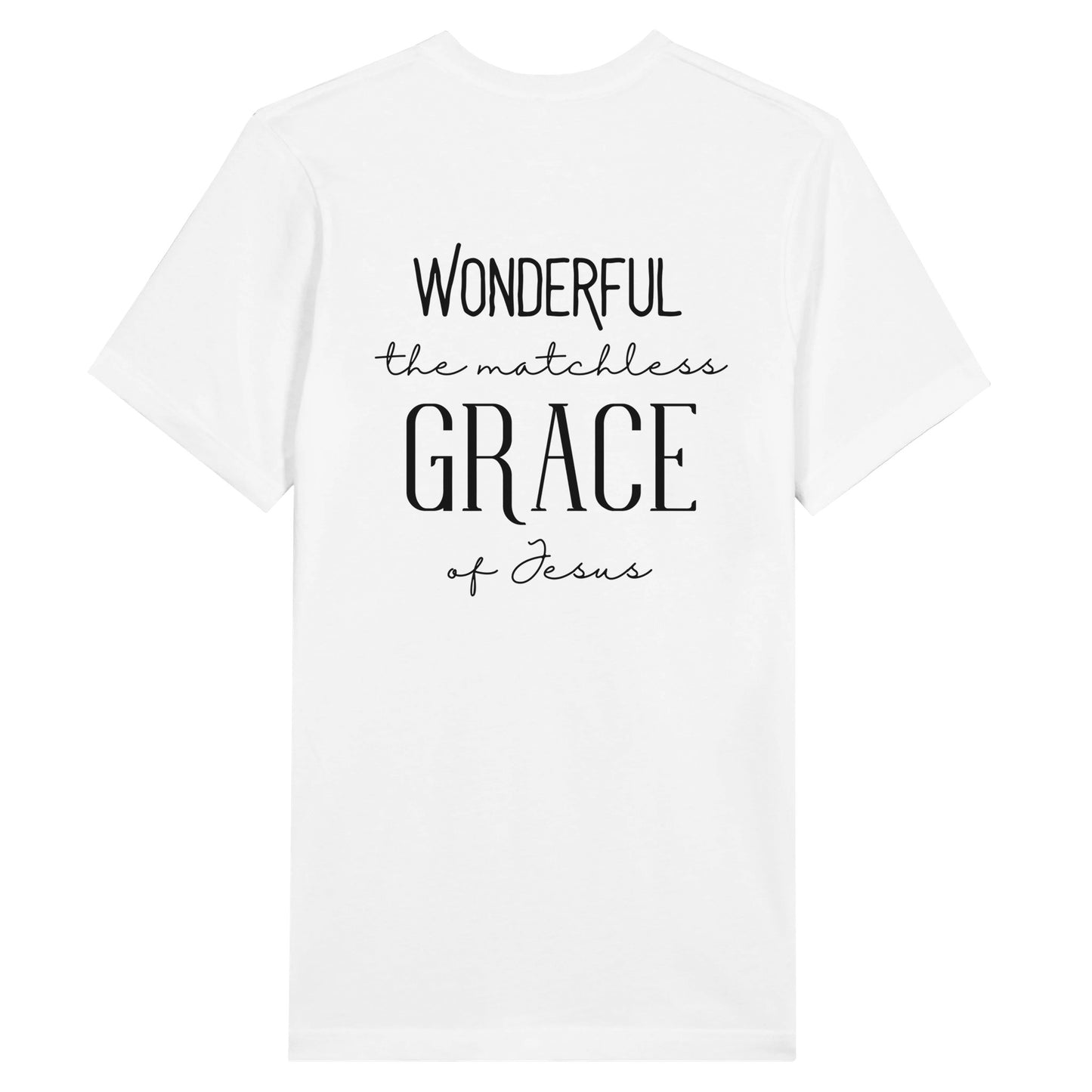 White Christian T-Shirt with "Wonderful the Matchless Grace of Jesus" print design. Crew neck, short-sleeved, classic fit, soft fabric