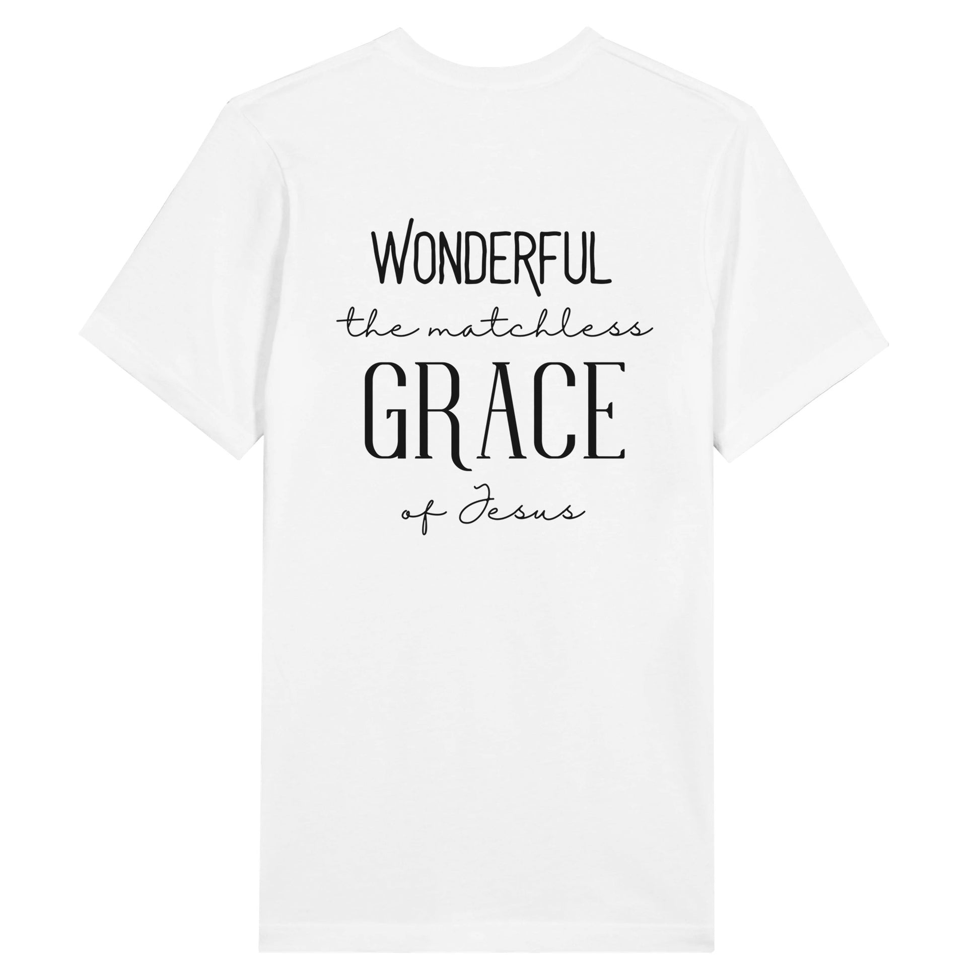 White Christian T-Shirt with "Wonderful the Matchless Grace of Jesus" print design. Crew neck, short-sleeved, classic fit, soft fabric