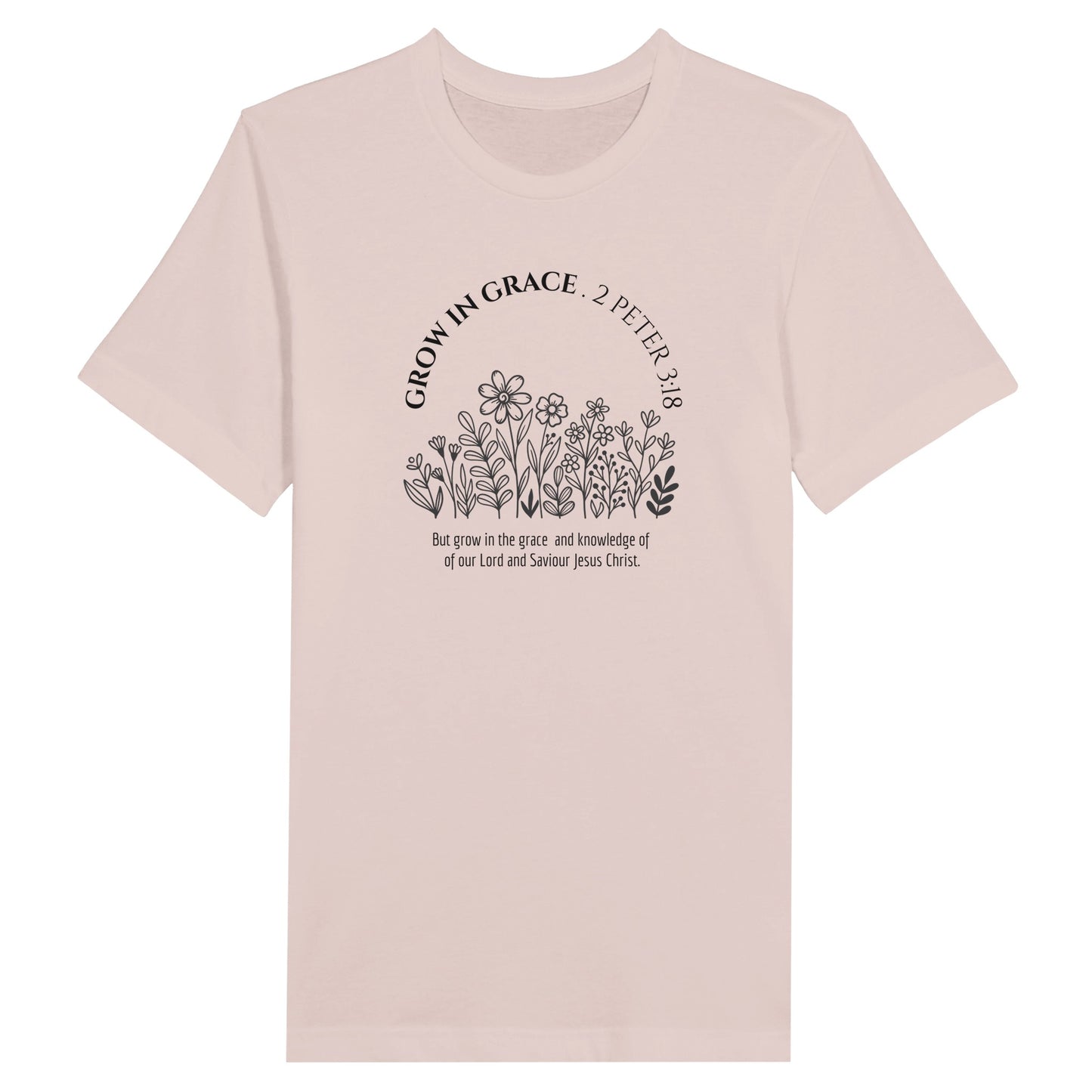 Light Pink Christian T-Shirt for Ladies with "Grow In Grace" print design