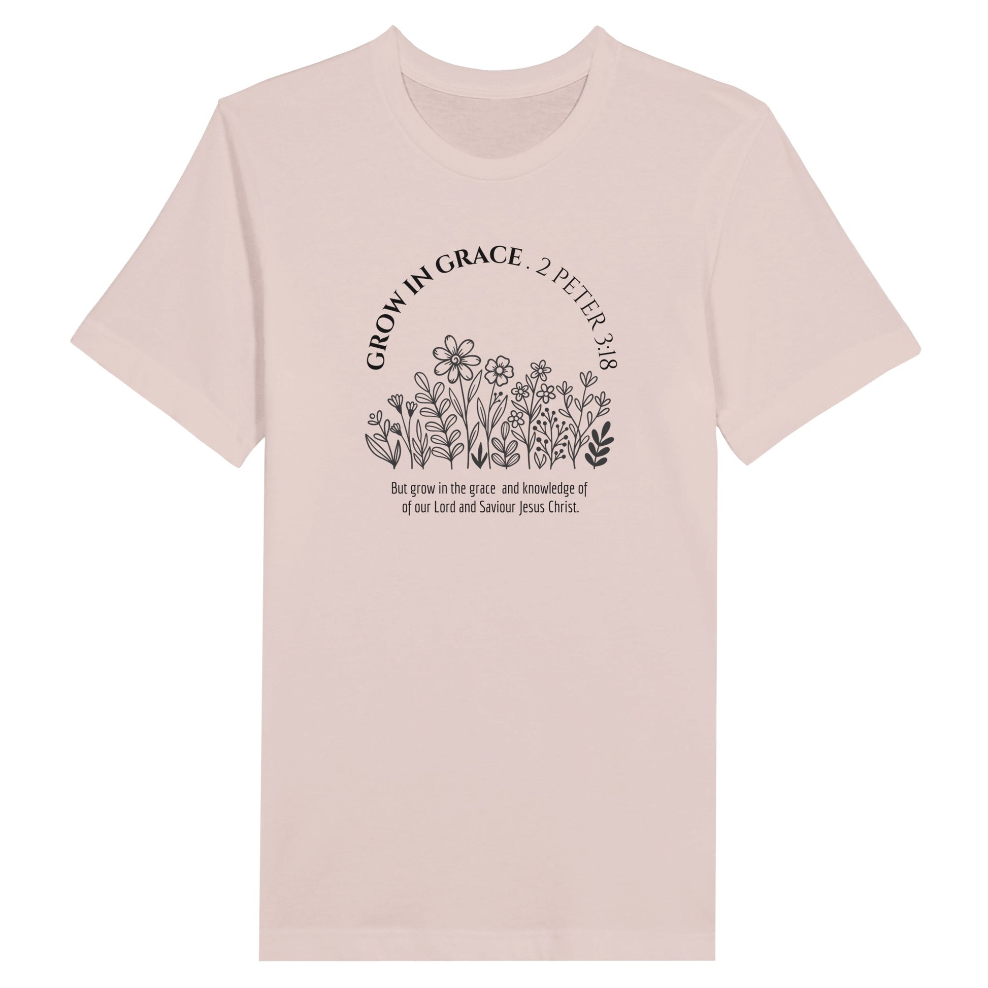 Light Pink Christian T-Shirt for Ladies with "Grow In Grace" print design