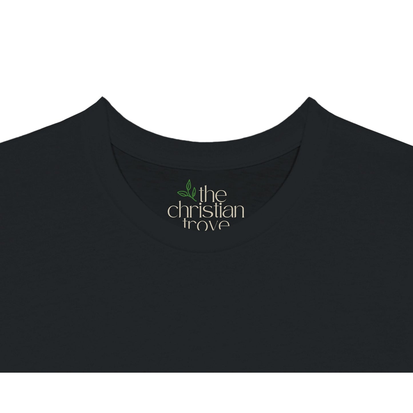 Black Christian T-Shirt with "Marching On: Beneath the Banner of the Cross" print design. Crew neck, short-sleeved, classic fit, soft fabric. The Christian Trove logo