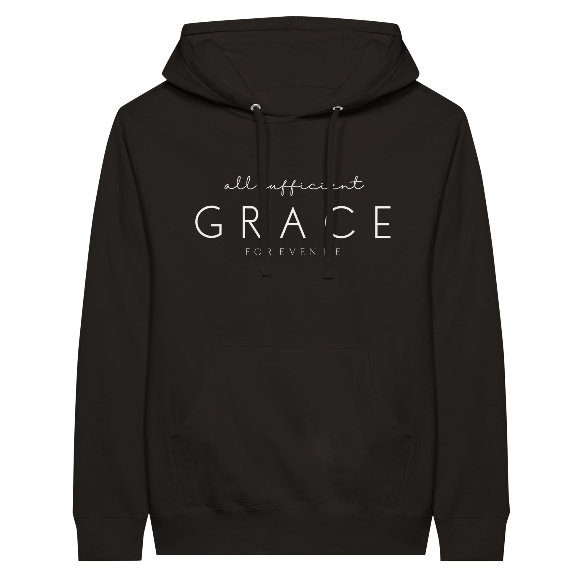 Black Christian Hoodie with "All Sufficient Grace For Even Me" print design on the front. Pullover, with large pouch pocket on the front.