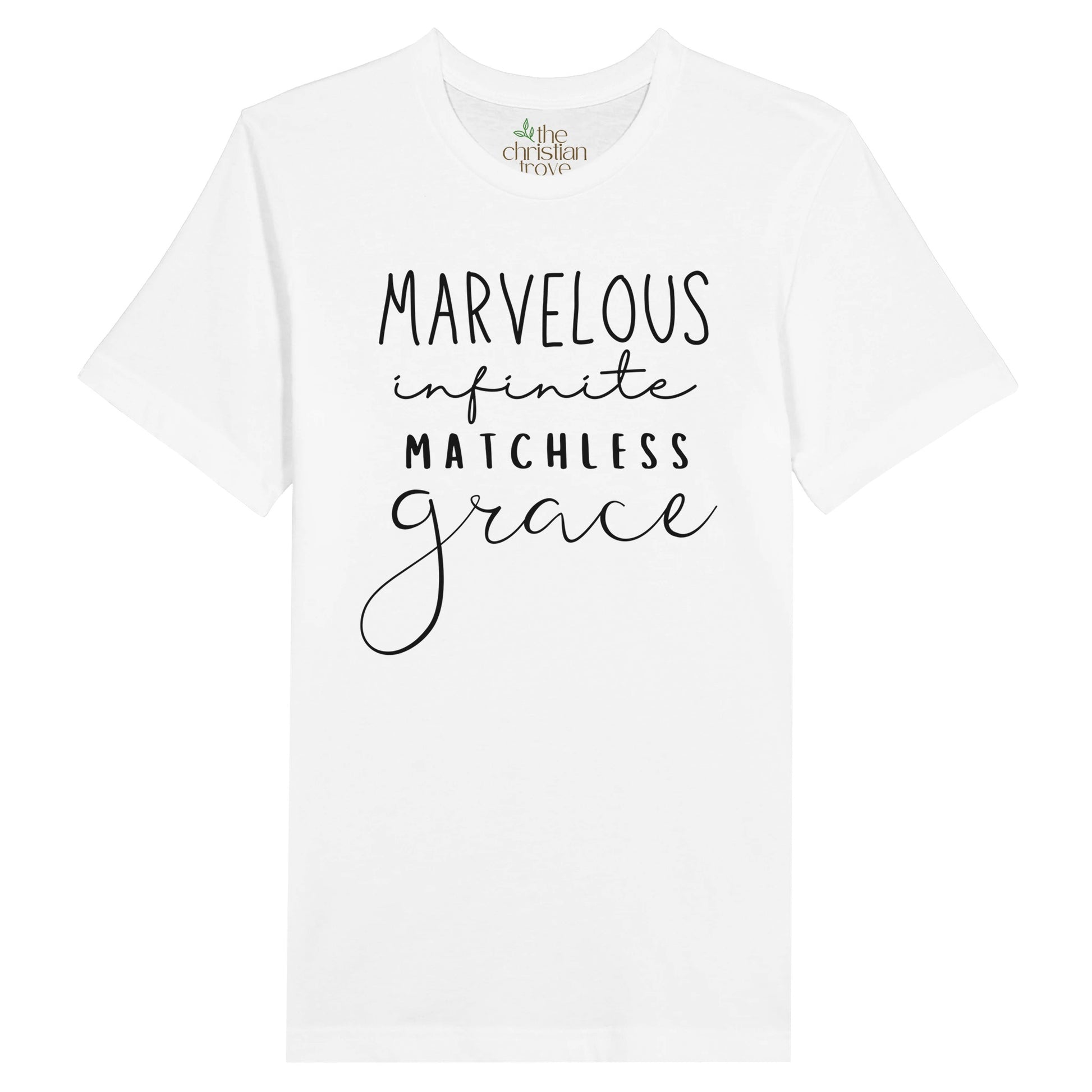 White Christian T-Shirt with "Marvelous, Infinite, Matchless Grace" print design. Crew neck, short-sleeved, classic fit, soft fabric.