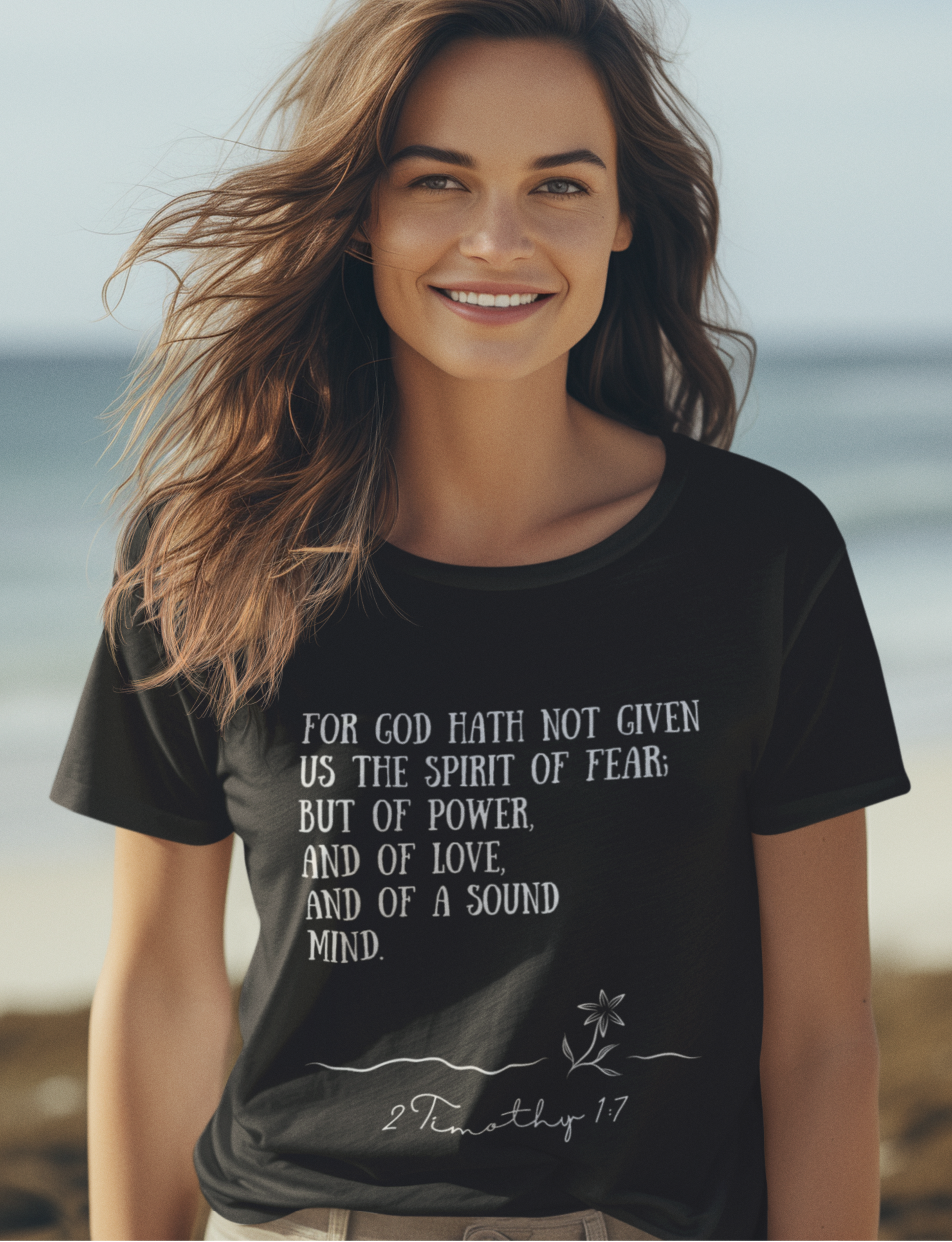 Black Ladies Christian T-Shirt with 2 Timothy 1:7 print design. Crew neck, short-sleeved, classic fit.