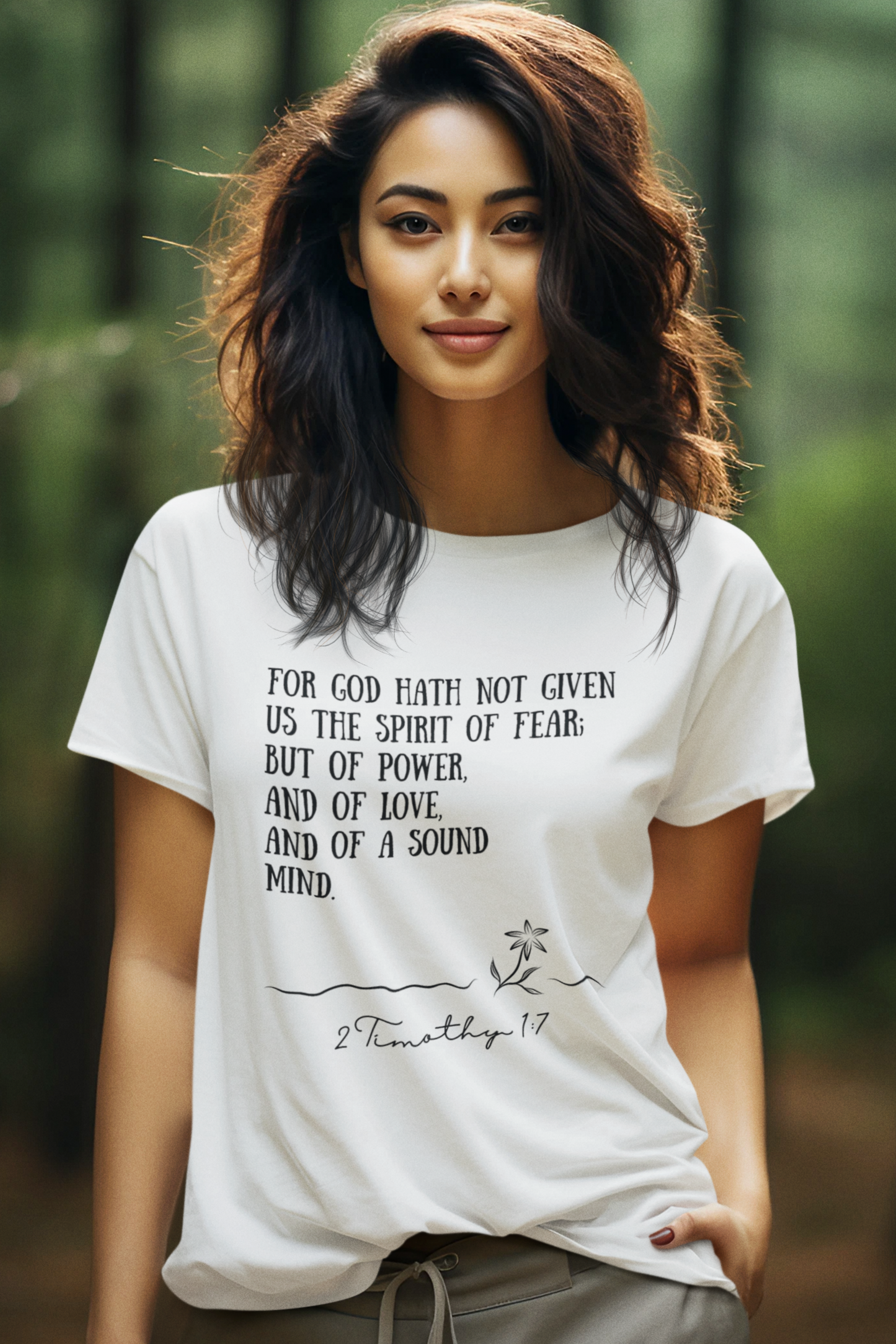 White Ladies Christian T-Shirt with 2 Timothy 1:7 print design. Crew neck, short-sleeved, classic fit.