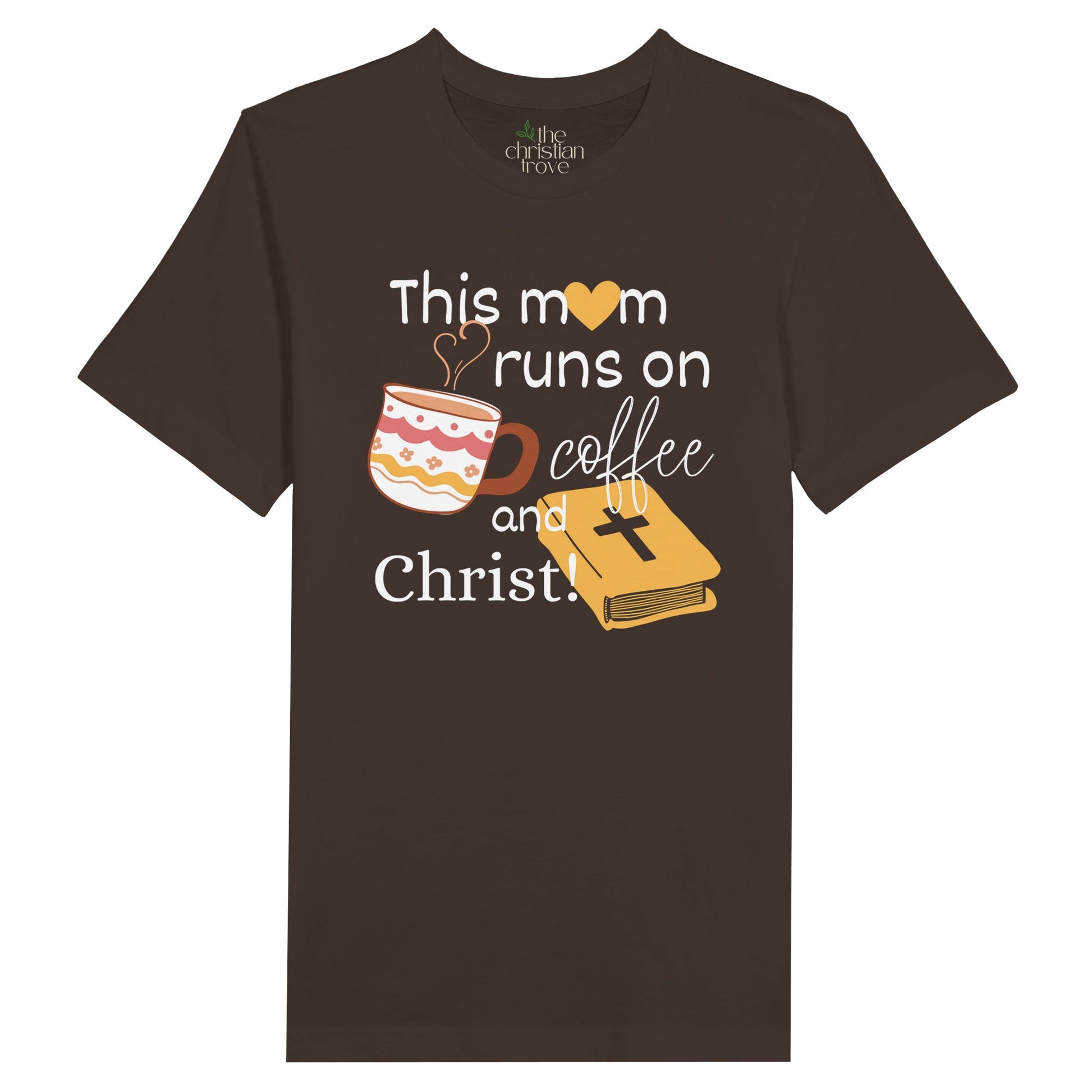 Brown Mother's Day Christian T-Shirt with "This mom runs of coffee and Christ" print design. Crew neck, short-sleeved, soft fabric.