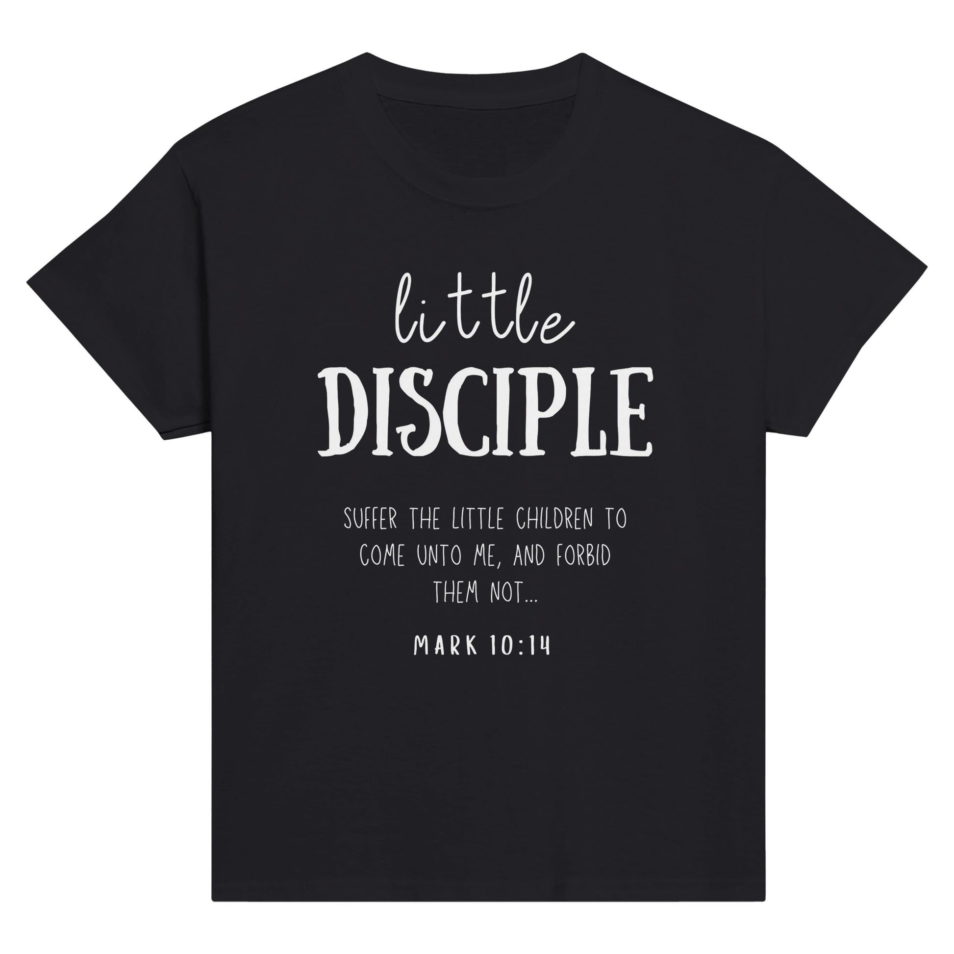 Black kid's Christian Mother's Day T-shirt with "Little Disciple" print design. Crew neck, short-sleeved, unisex, classic retail fit