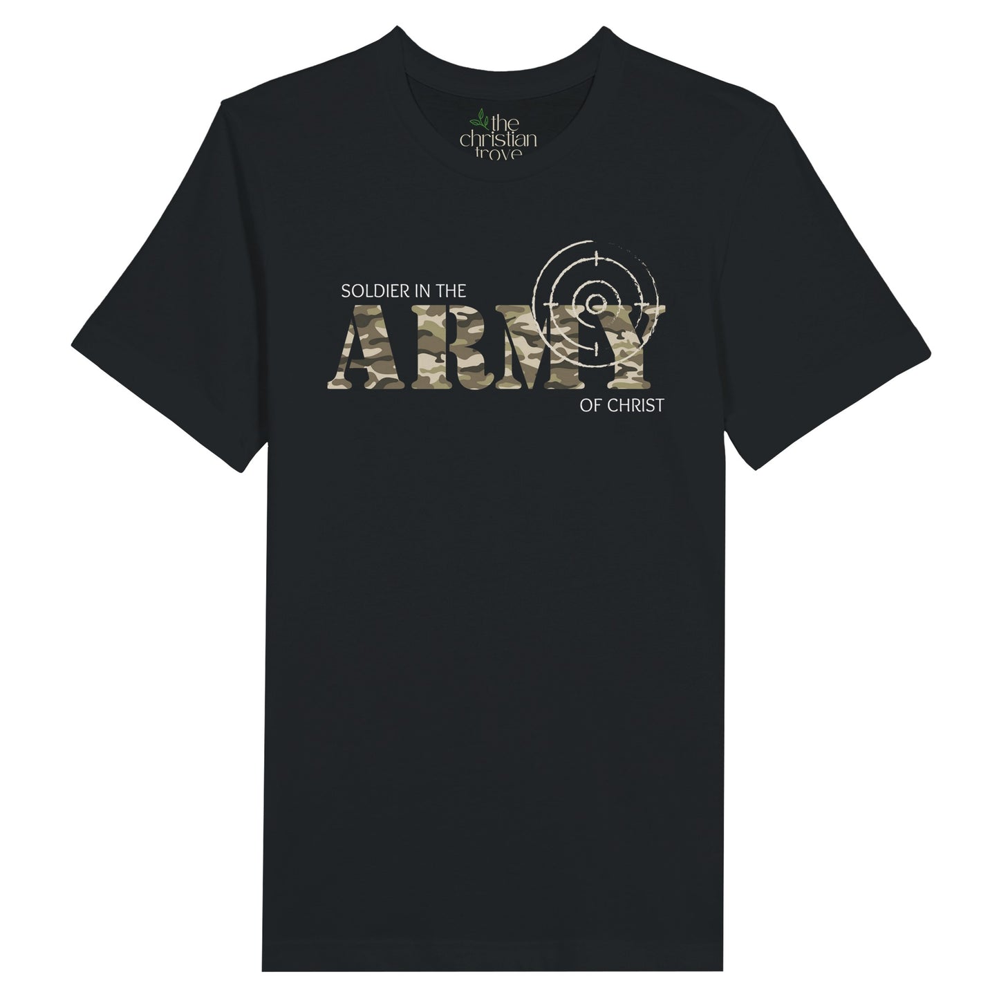 Black Christian T-Shirt with "Soldier in the Army of Christ" print design. Crew neck, short sleeved, classic fit, soft fabric