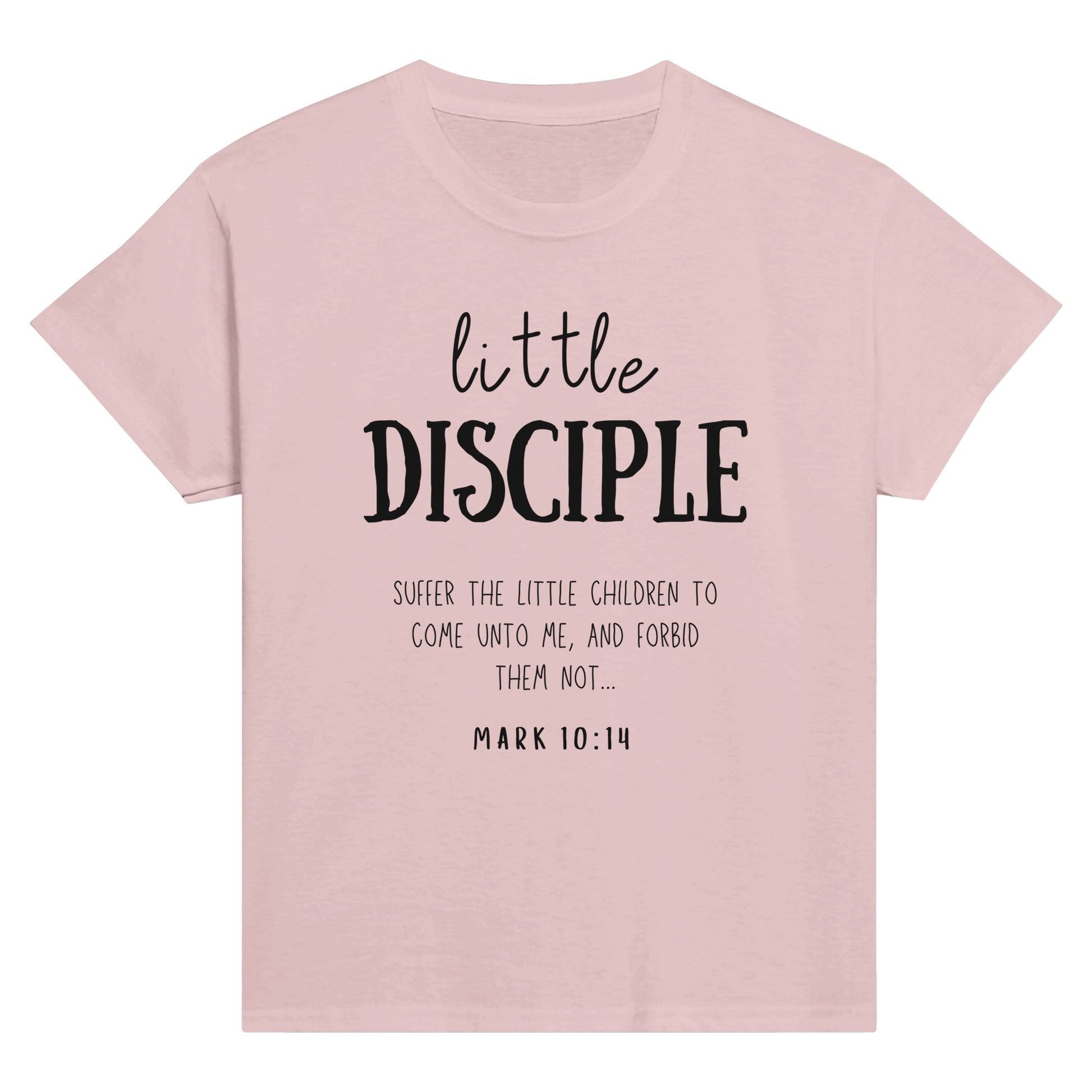 Pink kid's Christian Mother's Day T-shirt with "Little Disciple" print design. Crew neck, short-sleeved, unisex, classic retail fit