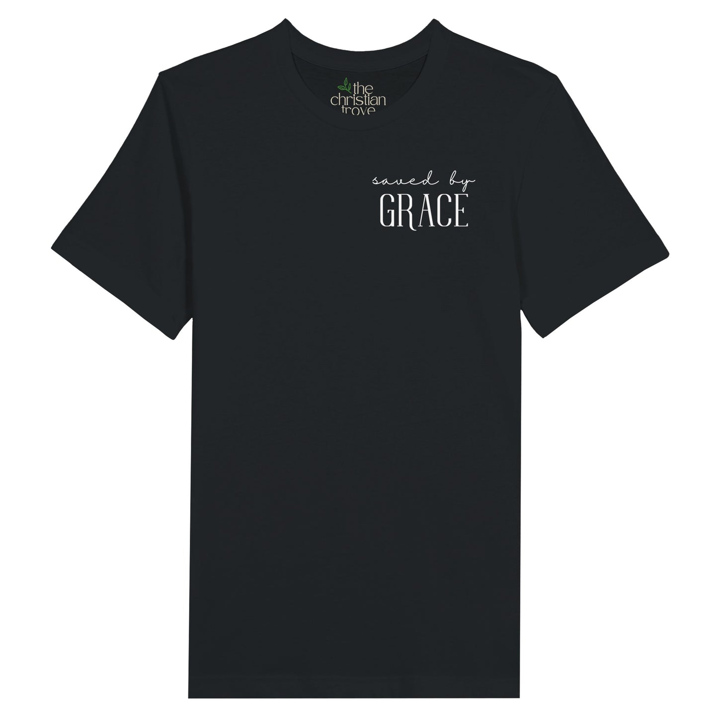 White Christian T-Shirt with "Saved by Grace" print design. Crew neck, short-sleeved, classic fit, soft fabric