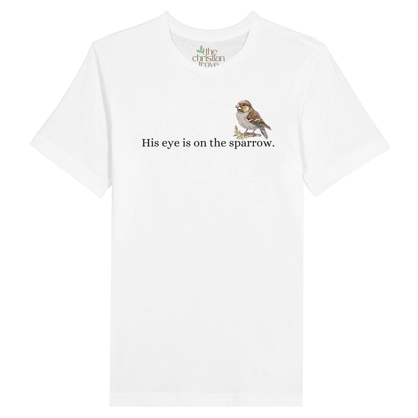 White Christian T-Shirt with "His Eye is on the Sparrow" print design. Crew neck, short-sleeved, classic fit, soft fabric