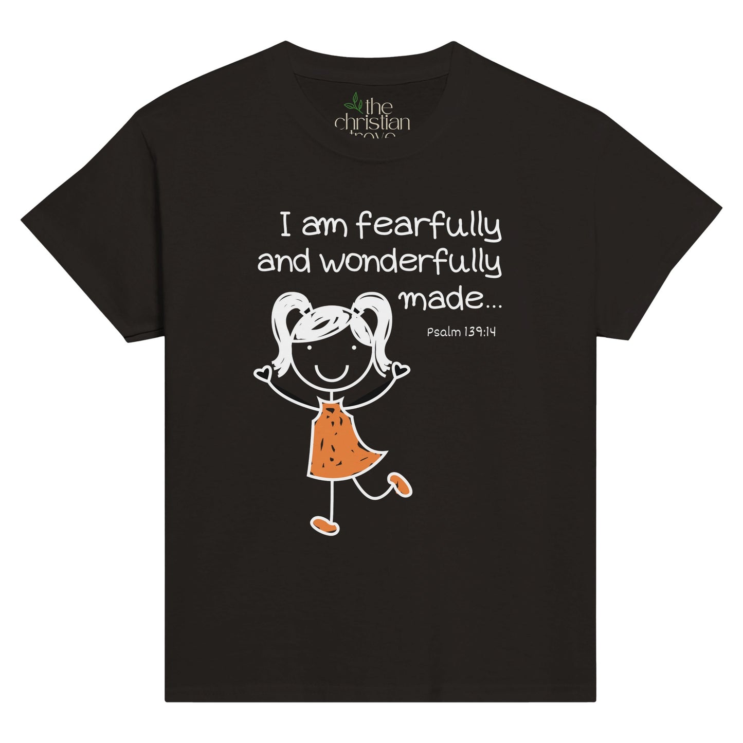 Kid's black "I am fearfully and wonderfully made" T-shirt for boys.