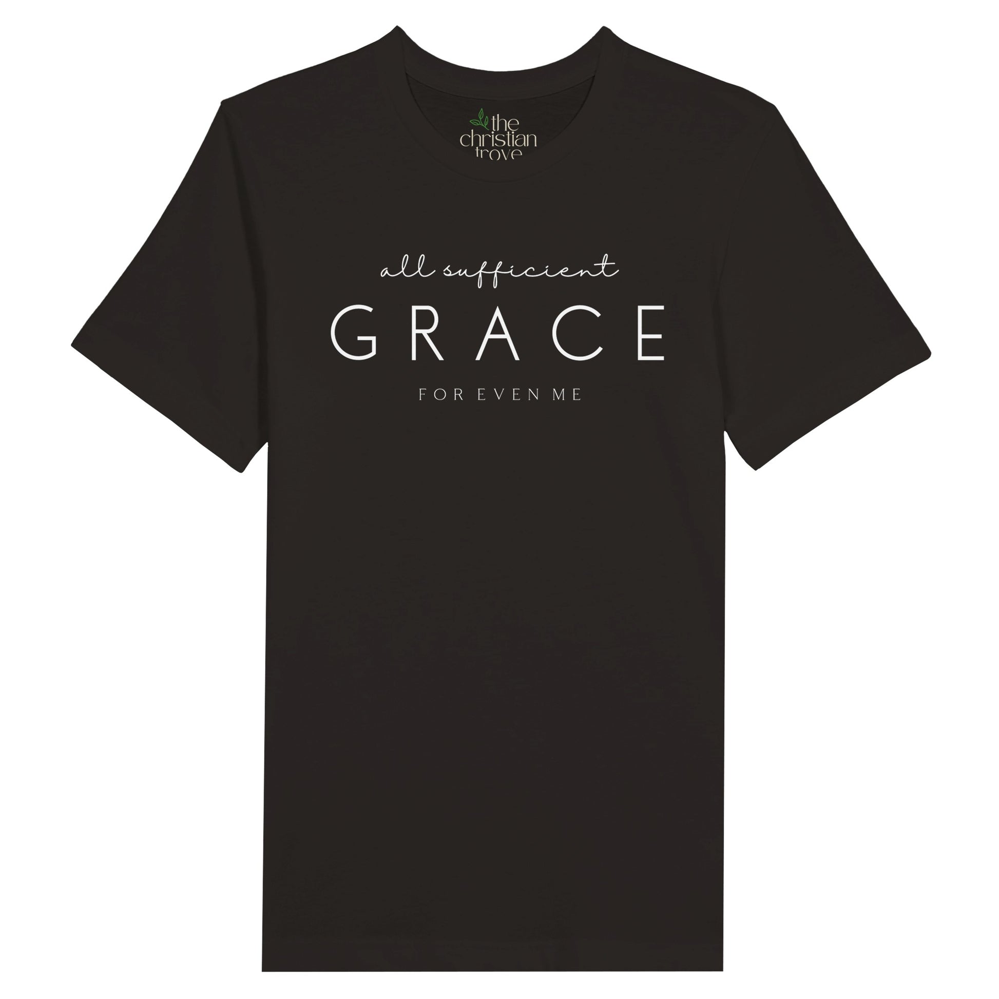 Black Christian T-Shirt with "All Sufficient Grace For Even Me" print design. Crew neck, short-sleeved, classic fit, soft fabric.