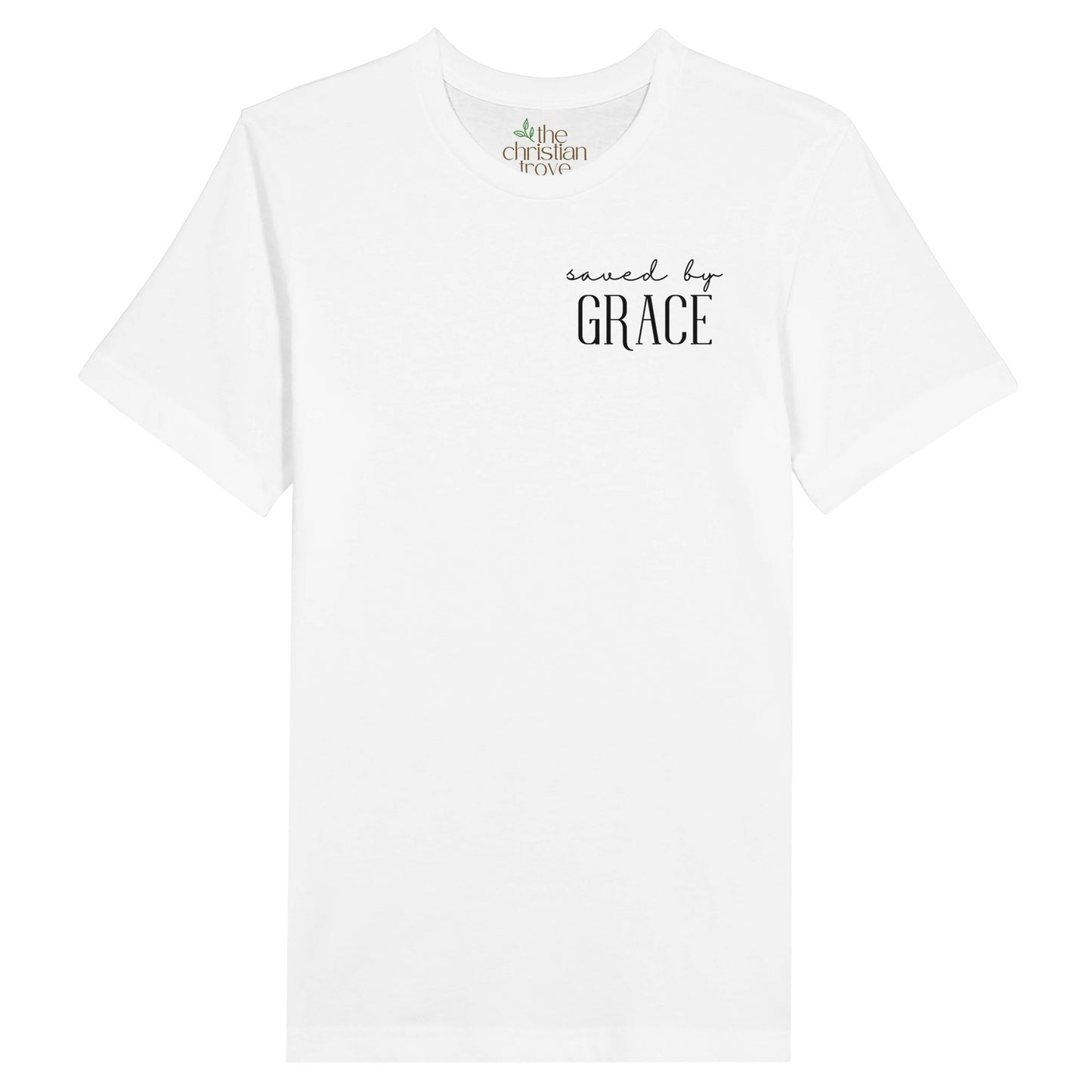 White Christian T-Shirt with "Saved by Grace" print design. Crew neck, short-sleeved, classic fit, soft fabric