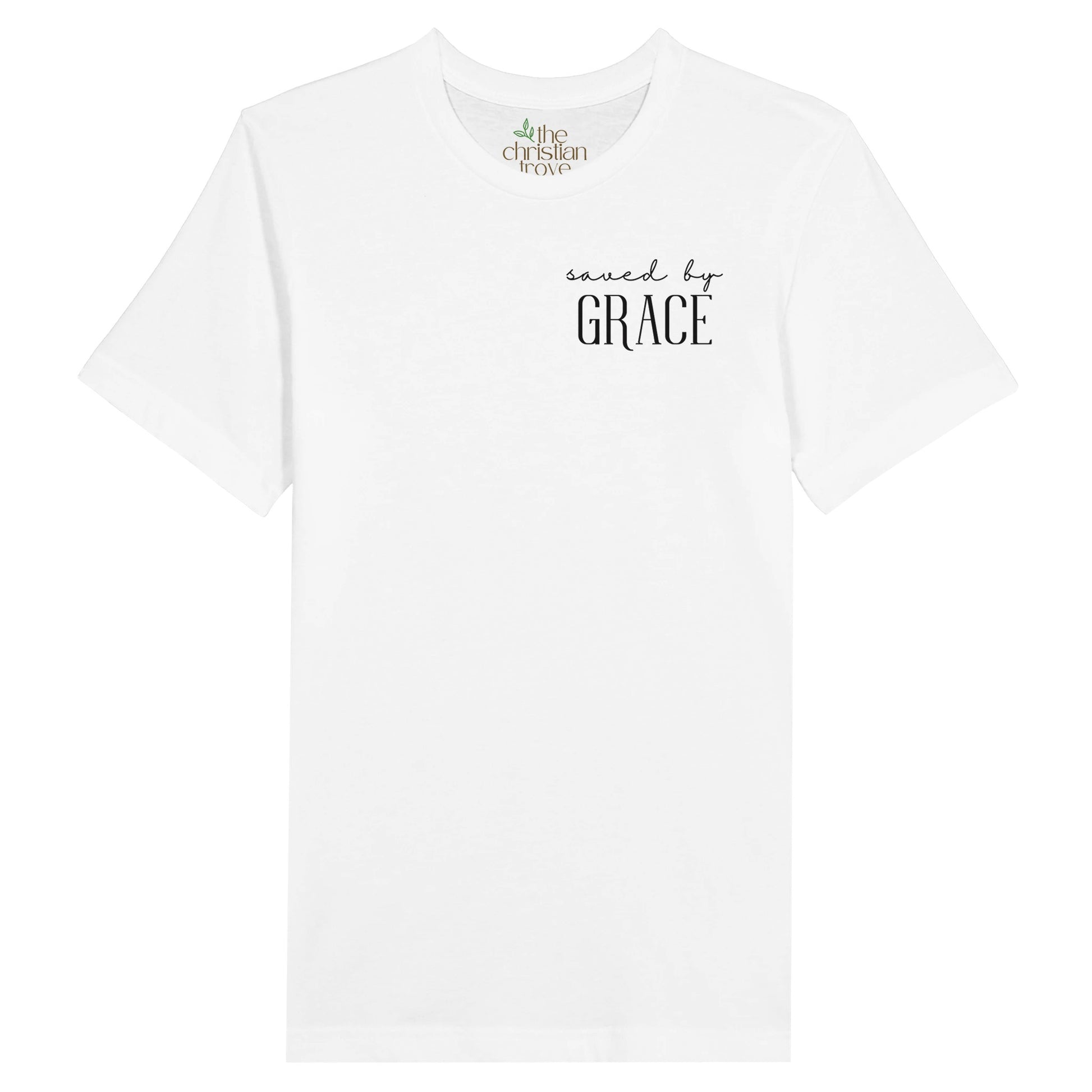 White Christian T-Shirt with "Saved by Grace" print design. Crew neck, short-sleeved, classic fit, soft fabric