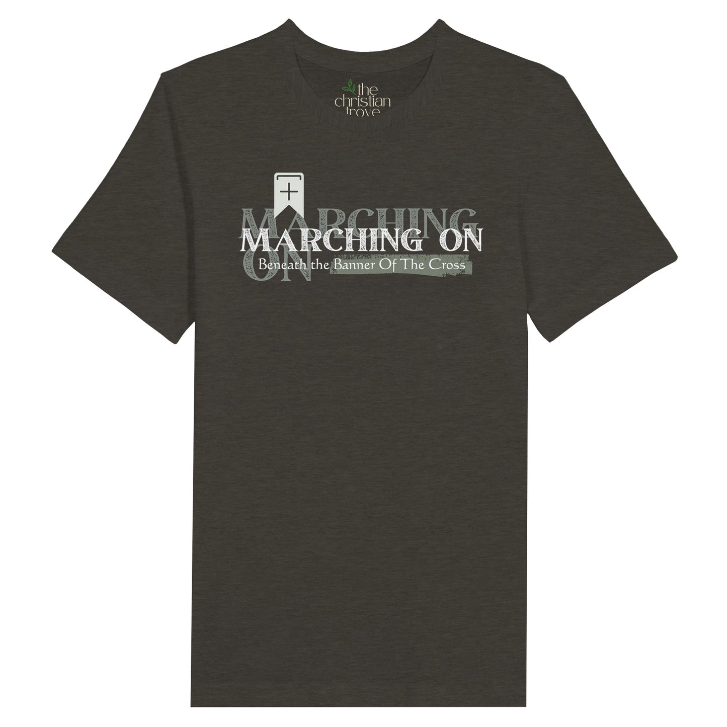 Black Heather Christian T-Shirt with "Marching On: Beneath the Banner of the Cross" print design. Crew neck, short-sleeved, classic fit, soft fabric