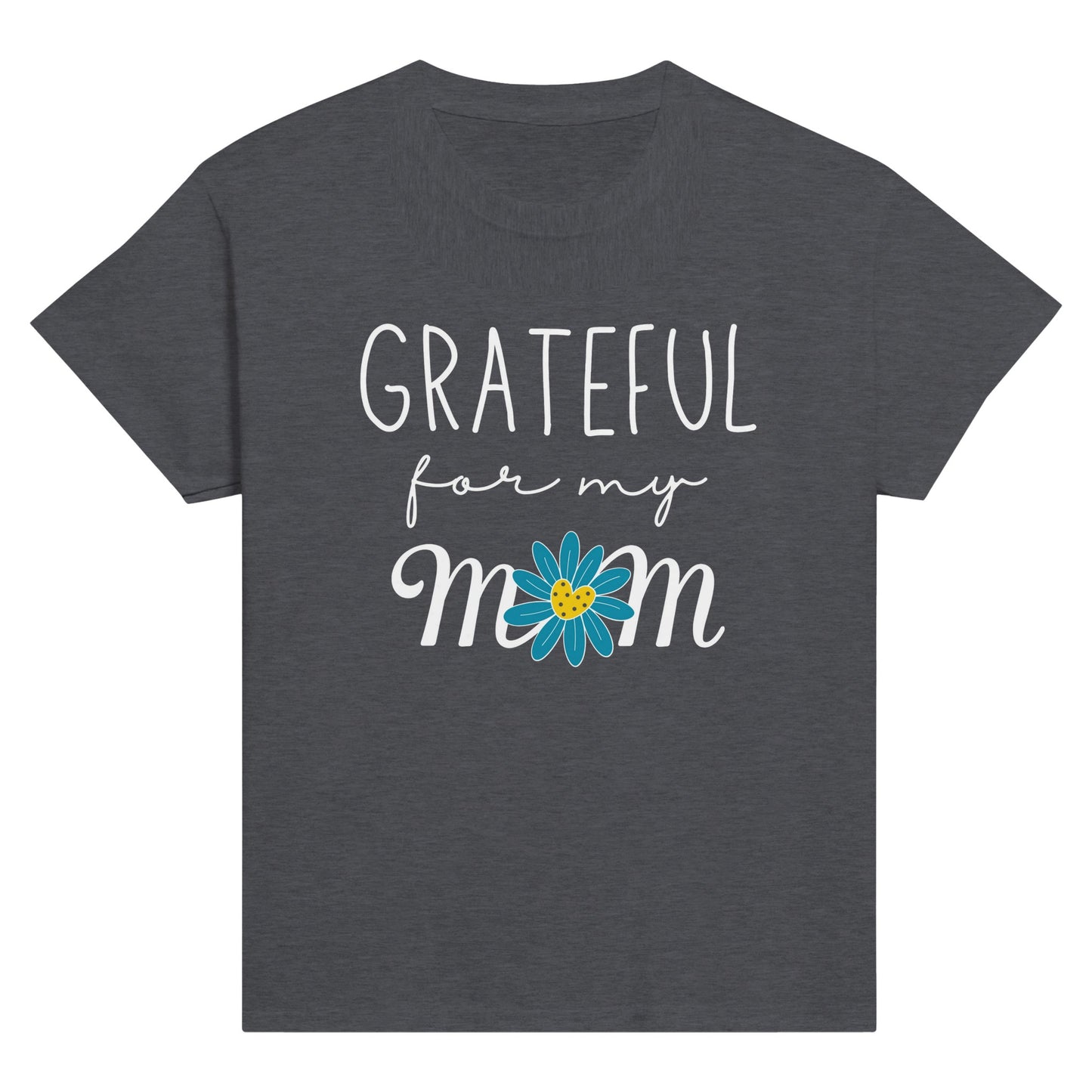 Dark Heather Kid's Mother's Day T-Shirt with "Grateful for my Mom" print design. Crew neck, short-sleeved, classic fit