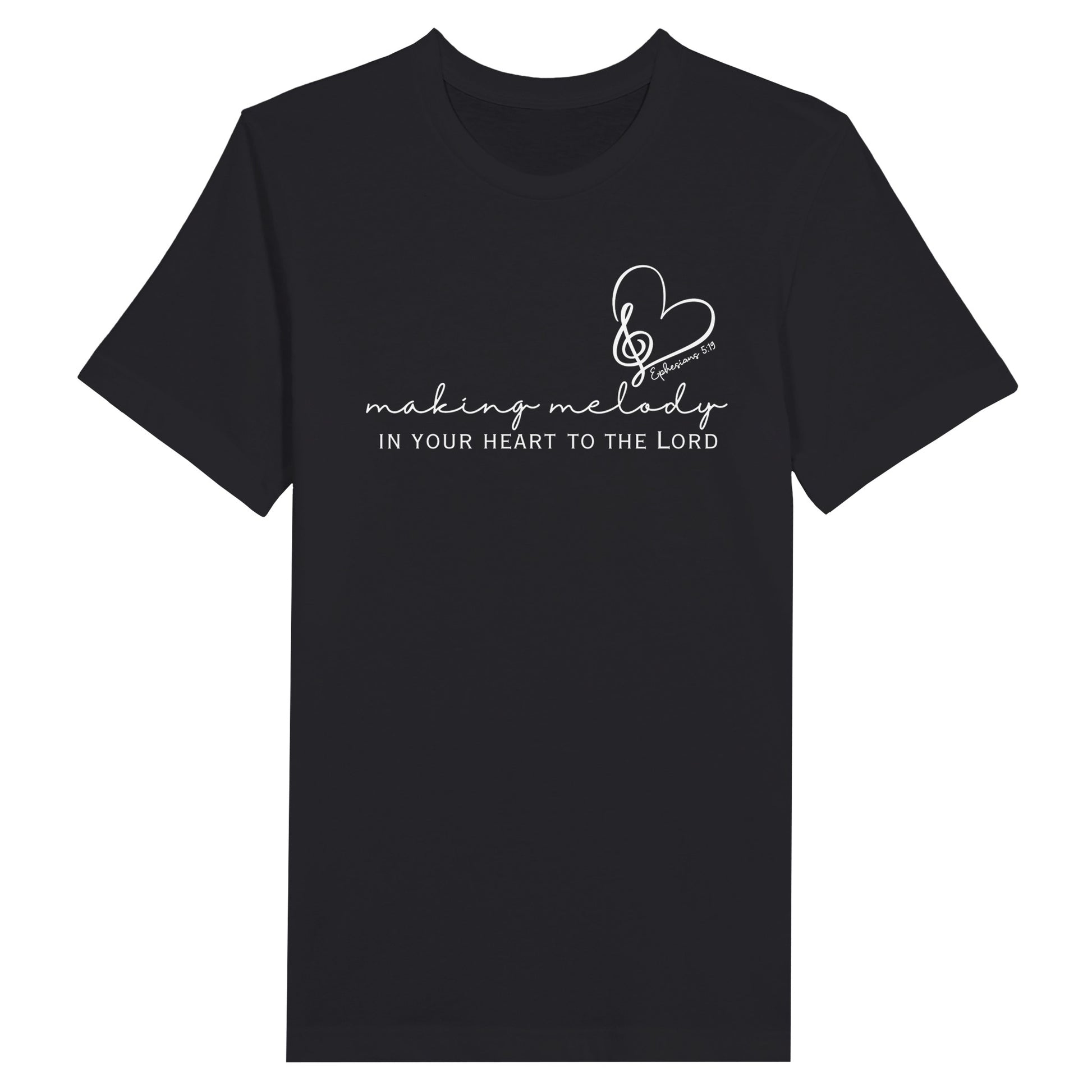 White Christian Tshirt for Ladies with "Making Melody In your Hear to the Lord" print design. Crewneck, short-sleeved, classic fit.