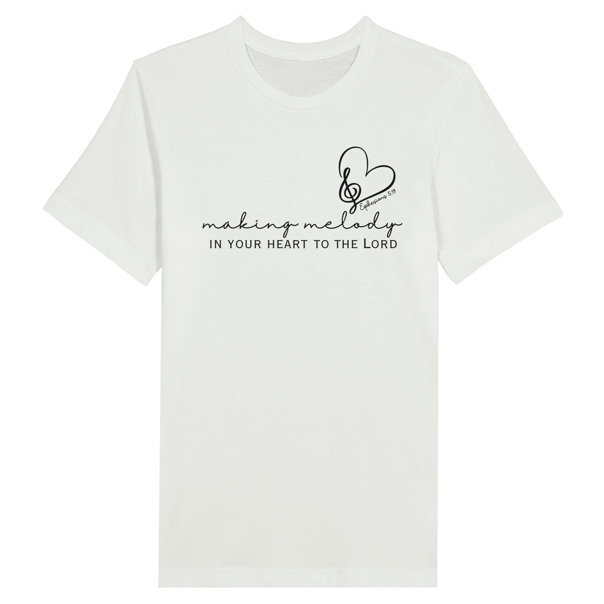 White Christian Tshirt for Ladies with "Making Melody In your Hear to the Lord" print design. Crewneck, short-sleeved, classic fit.