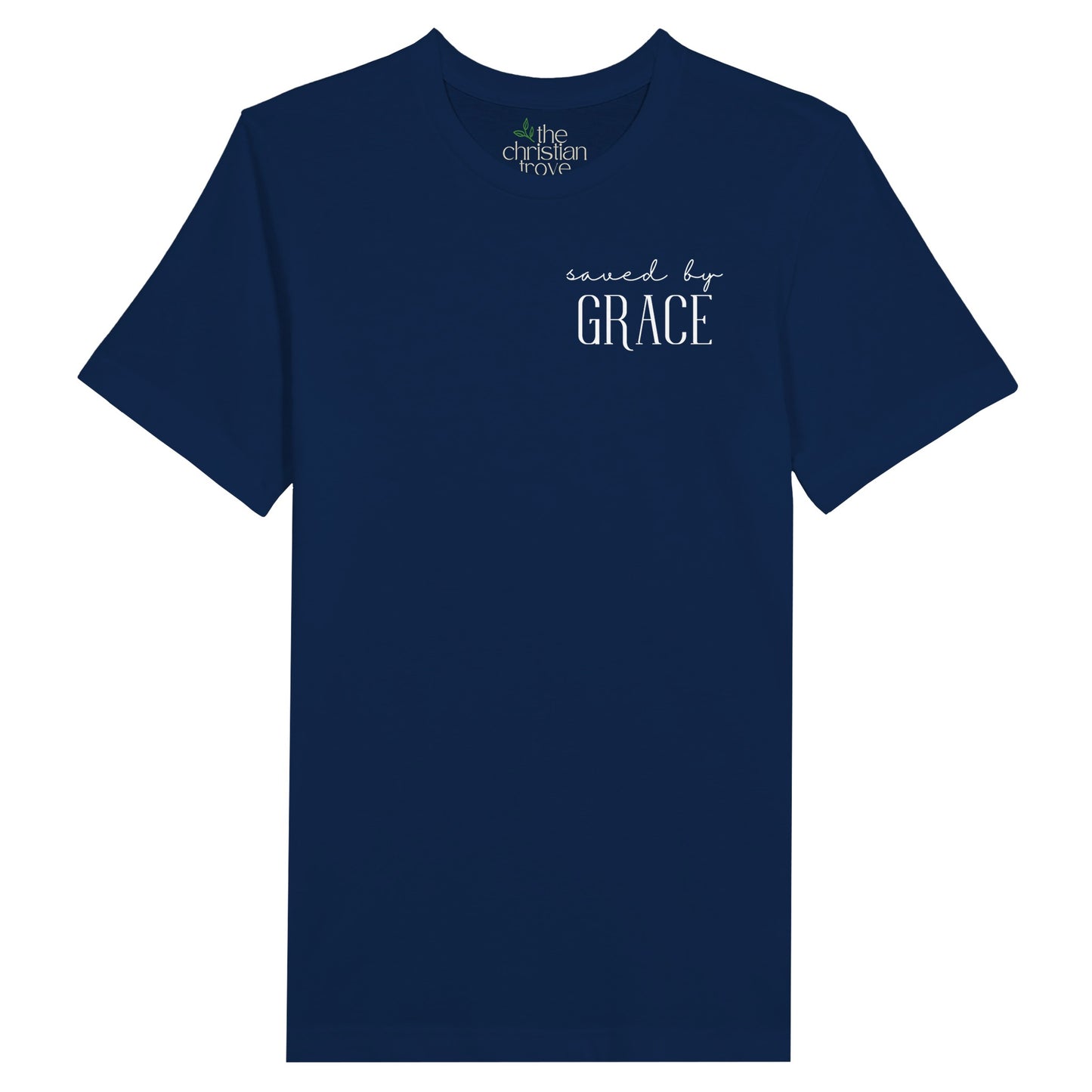 Navy Christian T-Shirt with "Saved by Grace" print design. Crew neck, short-sleeved, classic fit, soft fabric