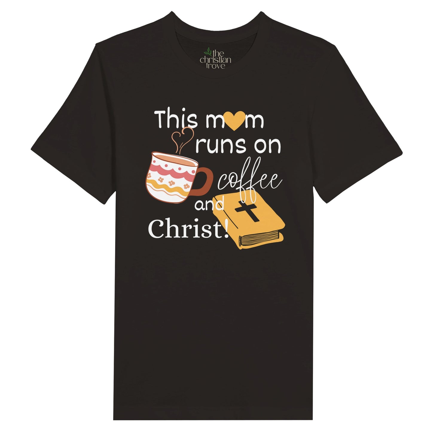 Black Mother's Day Christian T-Shirt with "This mom runs of coffee and Christ" print design. Crew neck, short-sleeved, soft fabric.