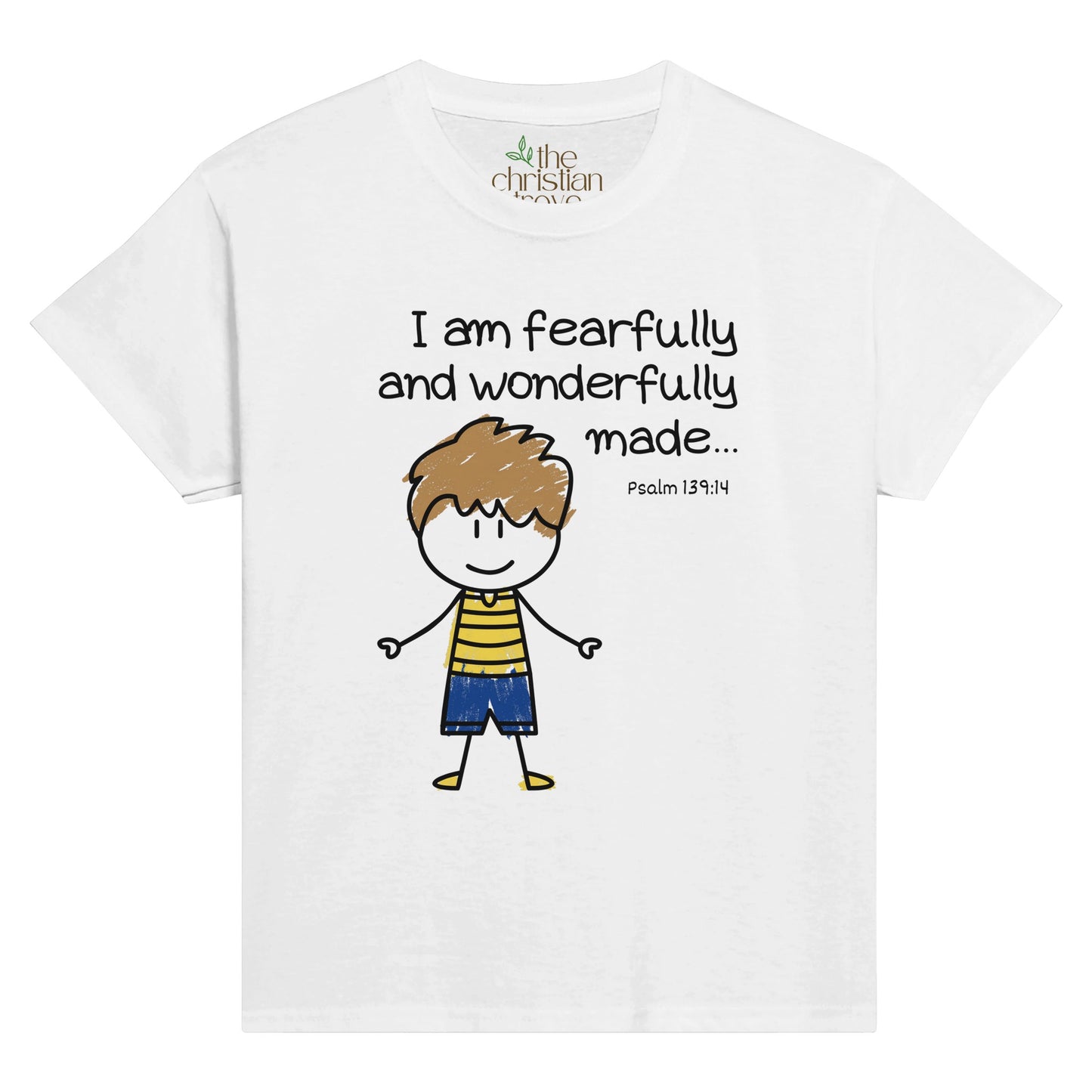 White "I am fearylly and wonderfully made" Christian T-shirt, made for kids