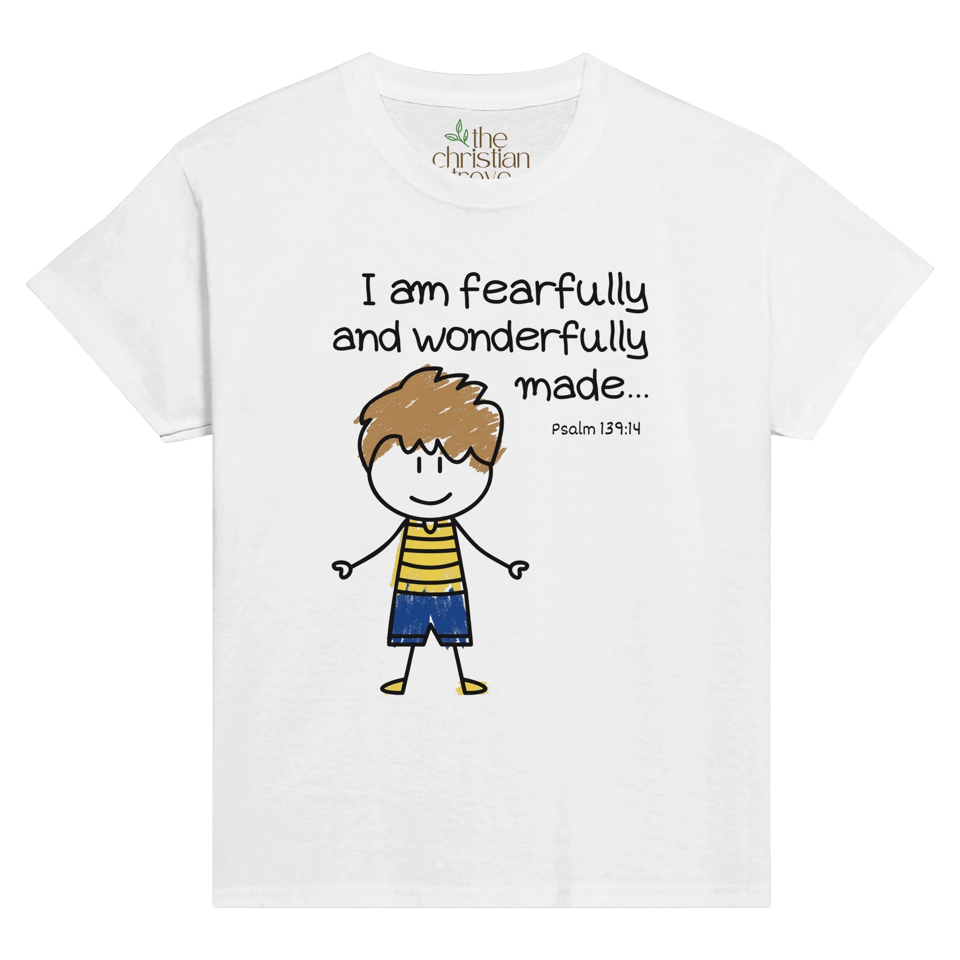 White "I am fearylly and wonderfully made" Christian T-shirt, made for kids