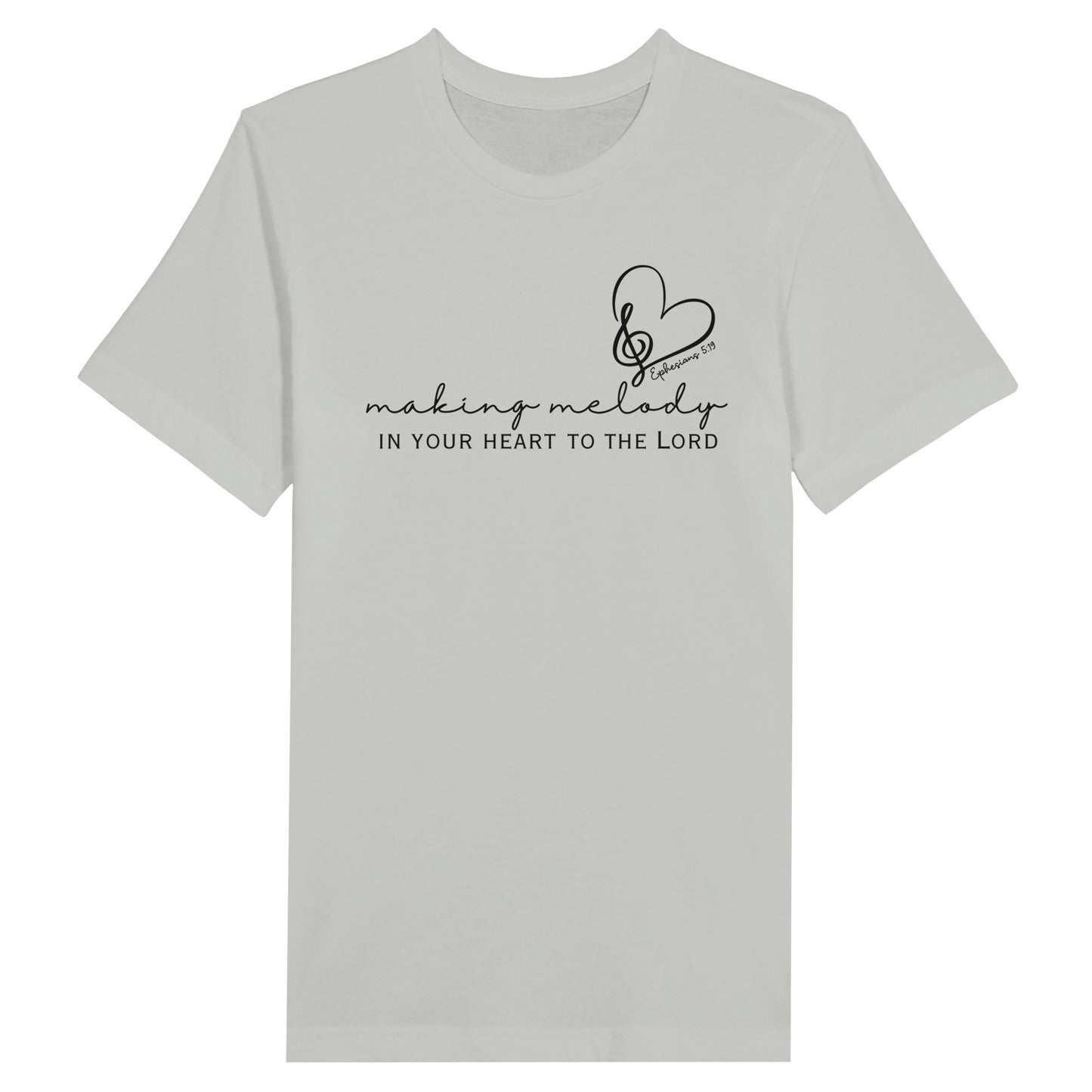 Silver Christian Tshirt for Ladies with "Making Melody In your Hear to the Lord" print design. Crewneck, short-sleeved, classic fit.