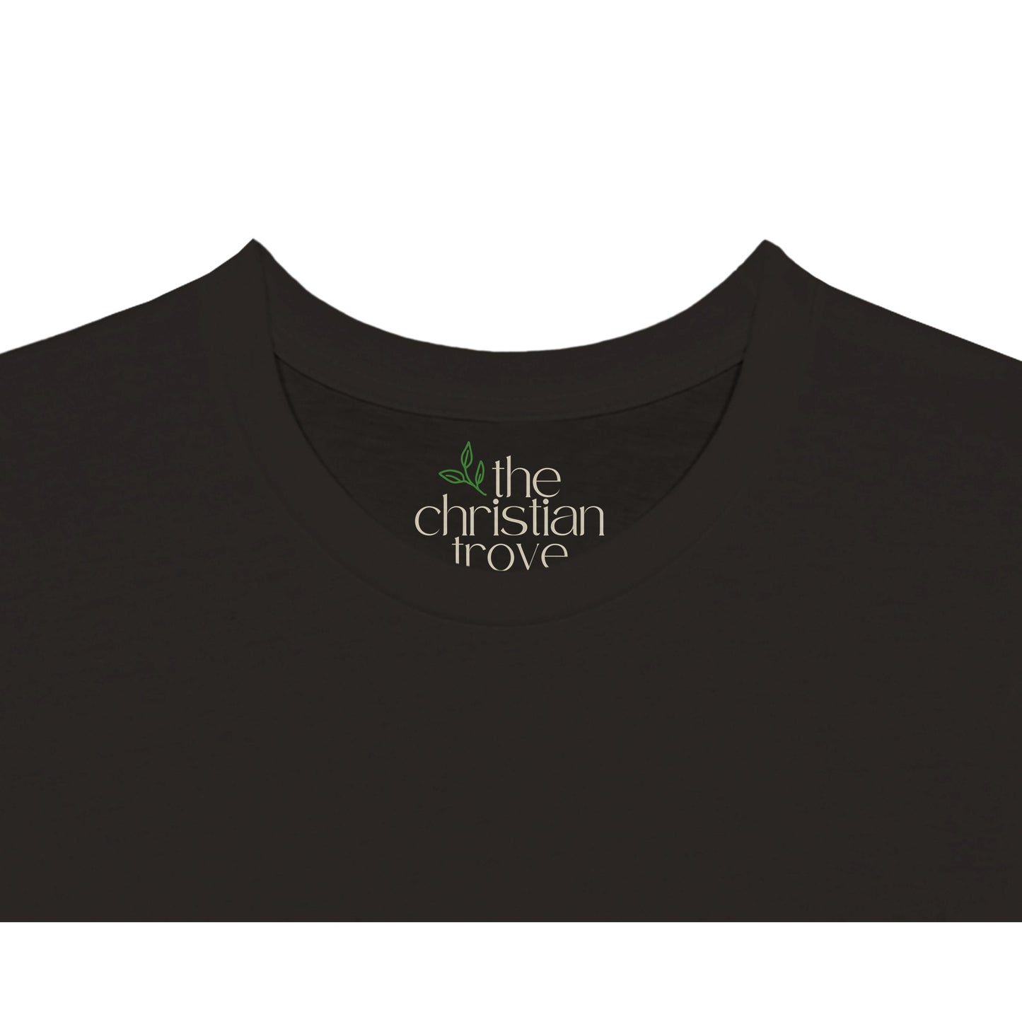 Black Christian T-Shirt with "Enlisted: Under the Royal Banner of the Cross" print design. Crew neck, short-sleeved, classic fit, soft fabric. The Christian Trove Logo