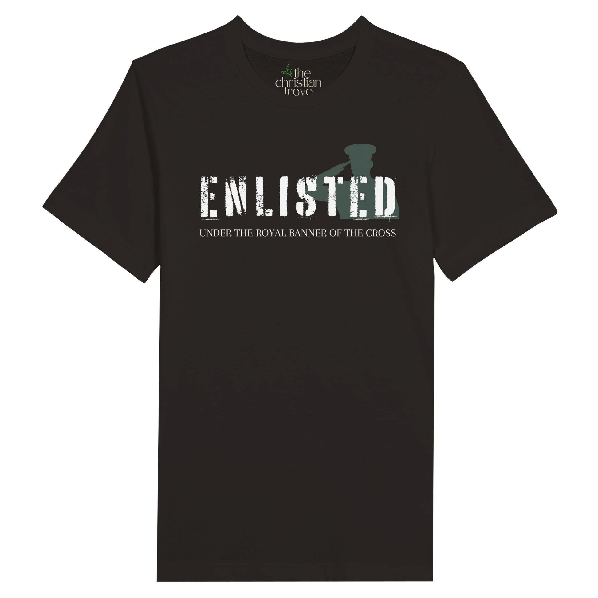 Black Christian T-Shirt with "Enlisted: Under the Royal Banner of the Cross" print design. Crew neck, short-sleeved, classic fit, soft fabric. 