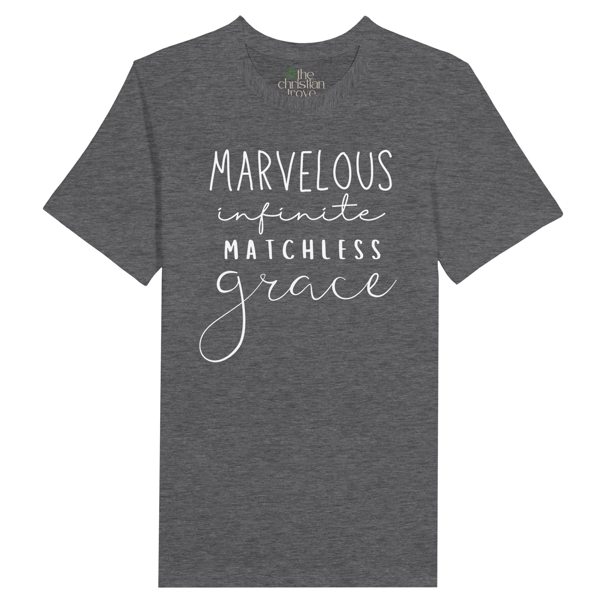 Dark Gray Heather Christian T-Shirt with "Marvelous, Infinite, Matchless Grace" print design. Crew neck, short-sleeved, classic fit, soft fabric.